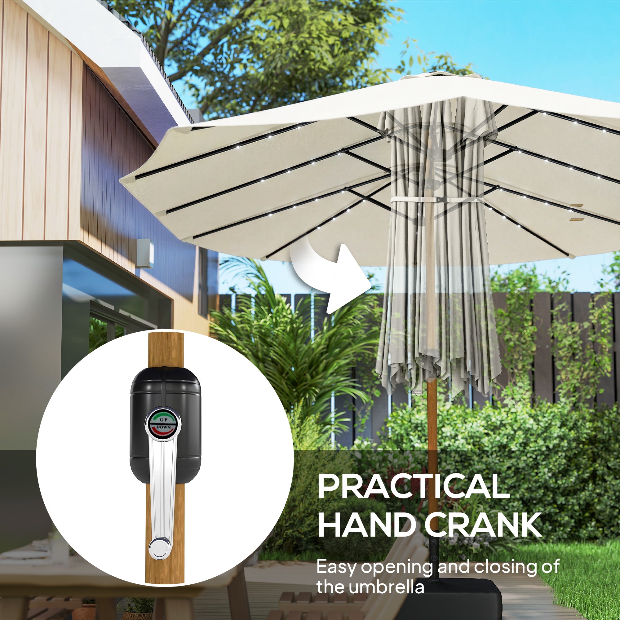 Double Sided Garden Parasol with Base Included & 48 Solar LED Lights Patio Umbrella Crank Handle 4.6m Cream White