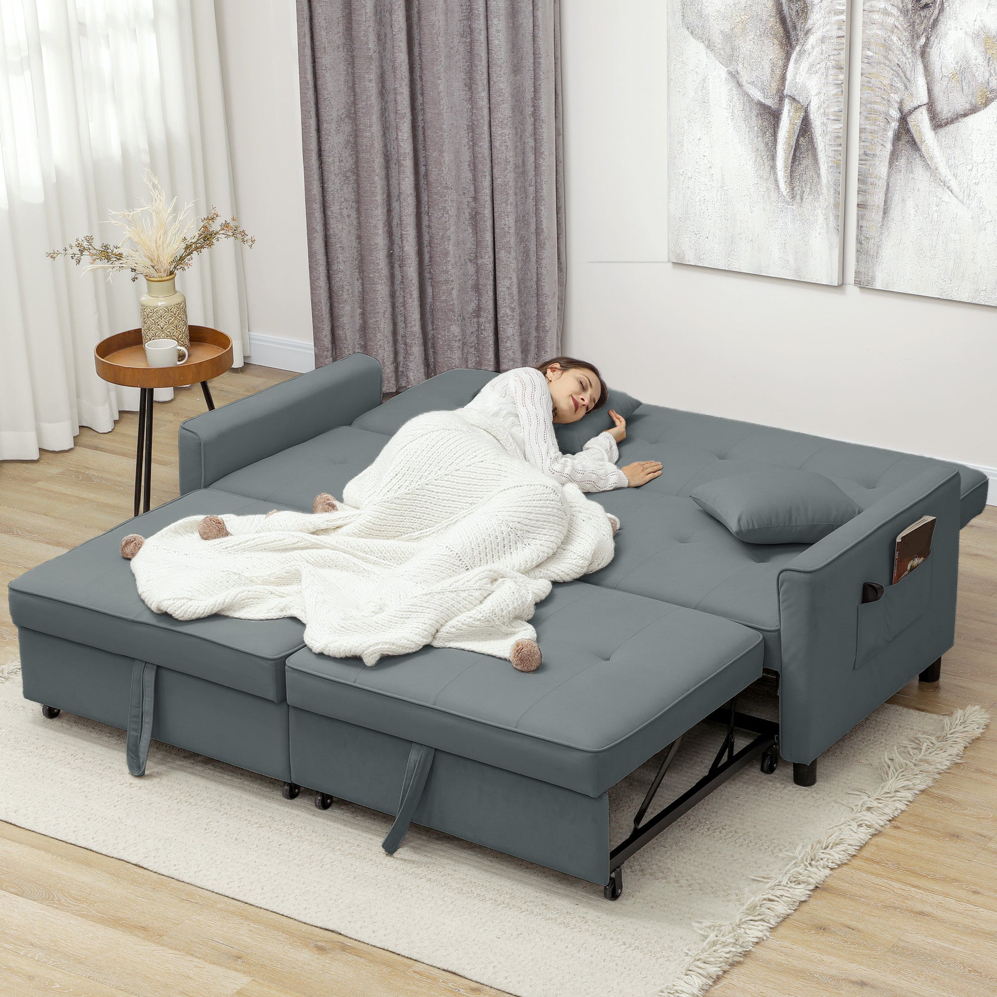 Three-Person Velvet-Feel Sofa Bed - Grey