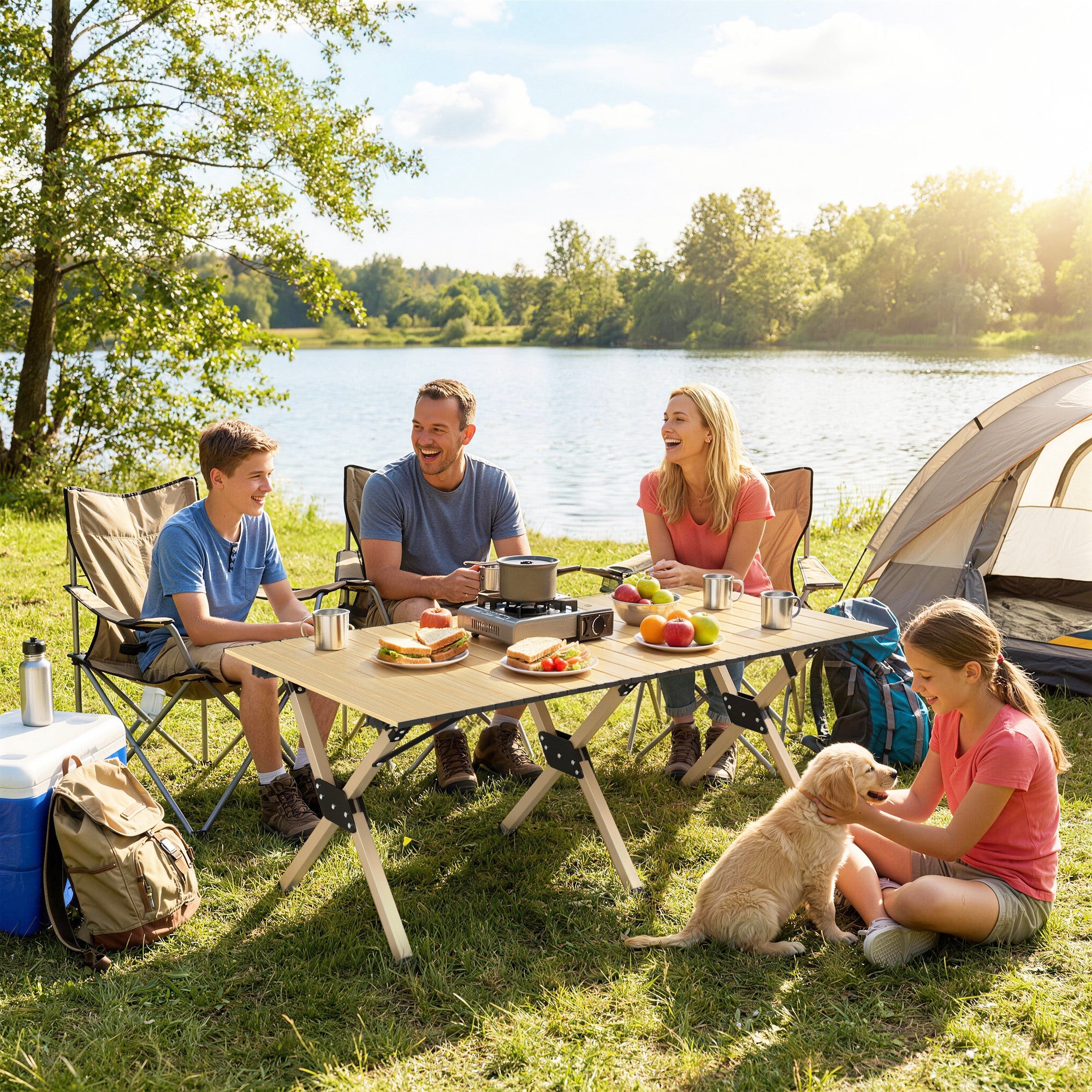 4ft Folding Camping Table, Waterproof Picnic Table with Roll Up Top and Metal Frame, Dark Brown