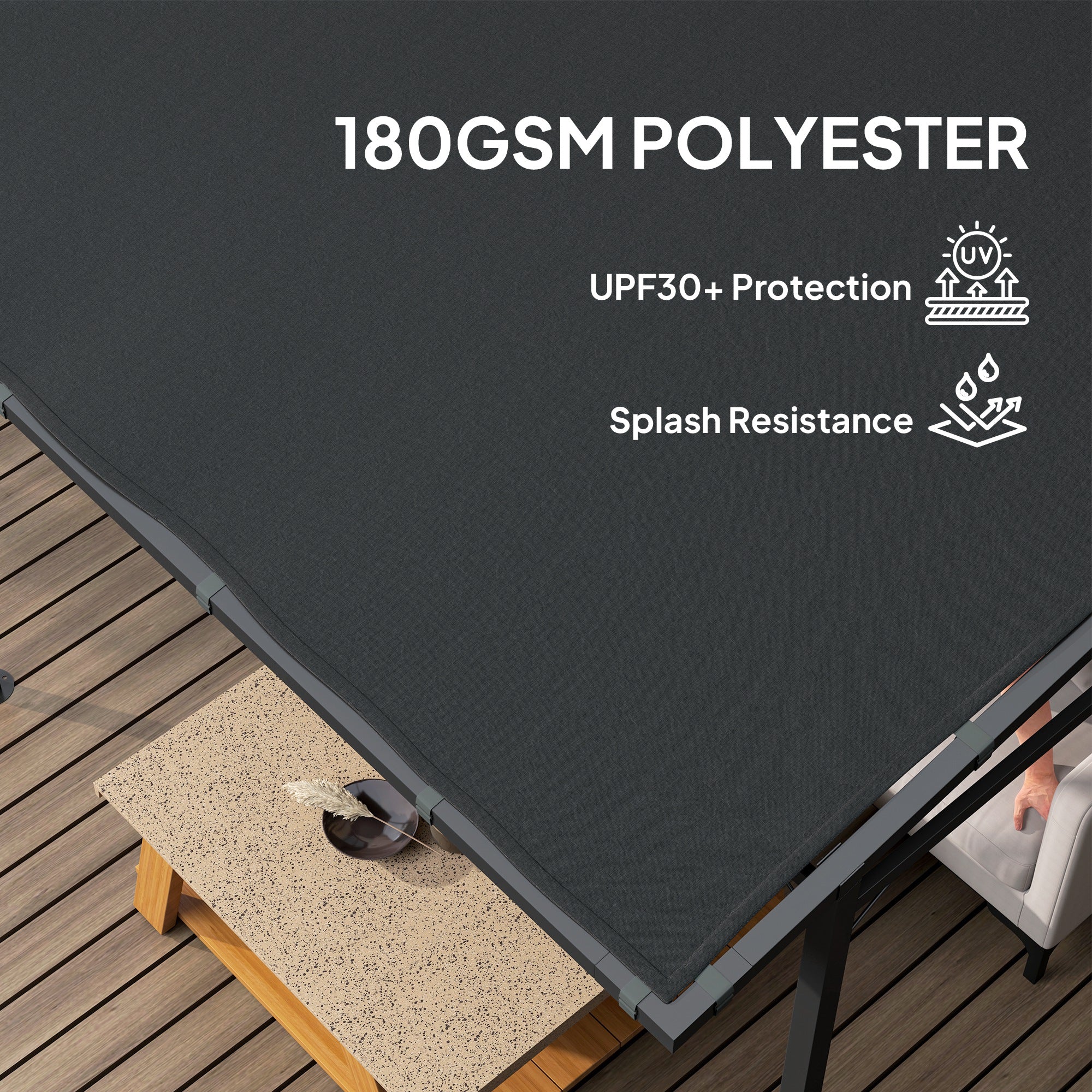 2.4 x 2.4 m Wall Mounted Pergola Gazebo with PA Coating Fabric and Metal Frame, UPF30+, Lean to Garden Gazebo, Wind Resistant Outdoor Sun Shade Shelter for Garden, Deck, Dark Grey