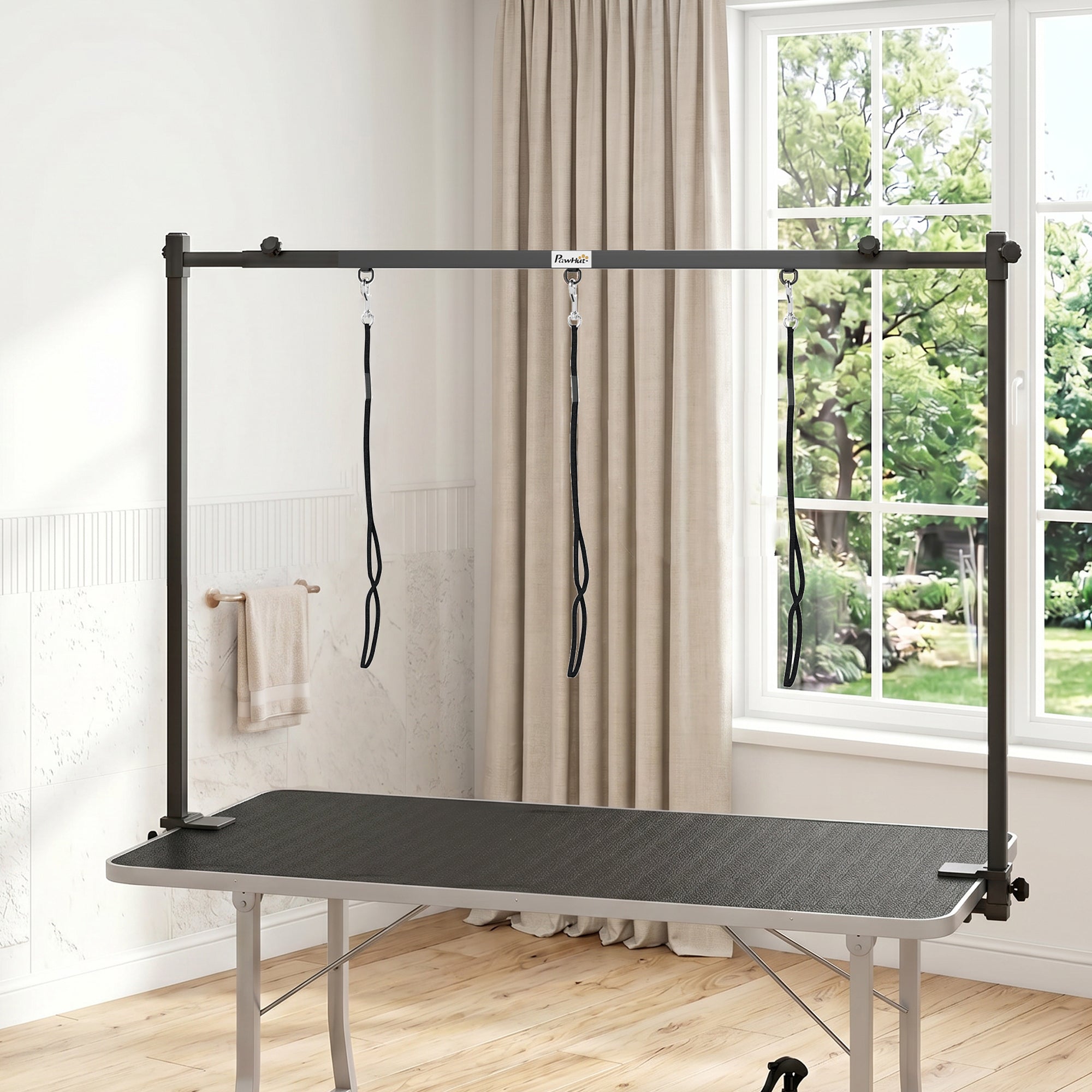 Dog Grooming Arm Adjustable H-Shape Dog Grooming Table Arm with Clamp and 3 Nooses Black
