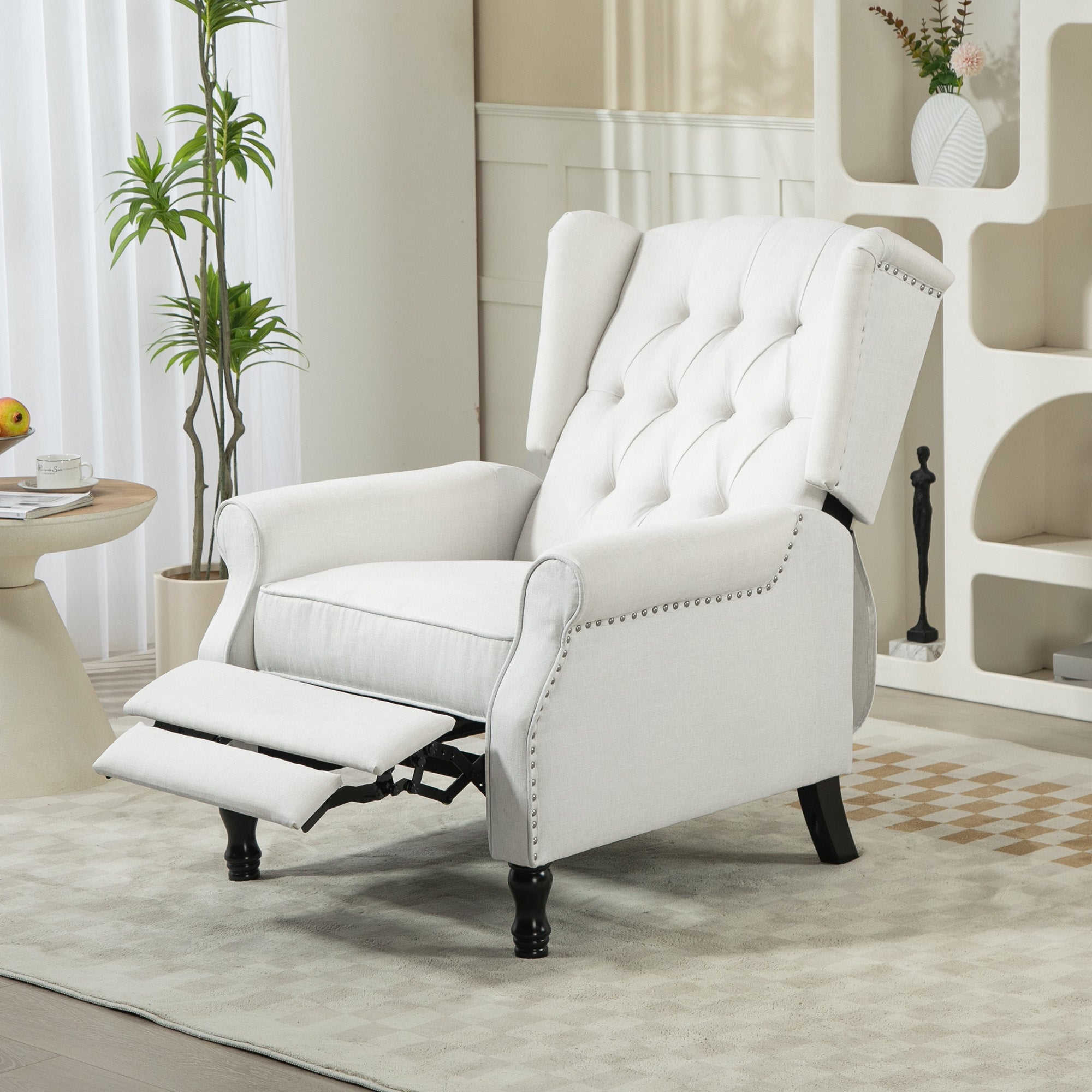 Recliner Armchair, Vintage Reclining Chair with Nail Head Trim, Wingback Chair with Button Tufted Back and Footrest, for Living Room, Cream White