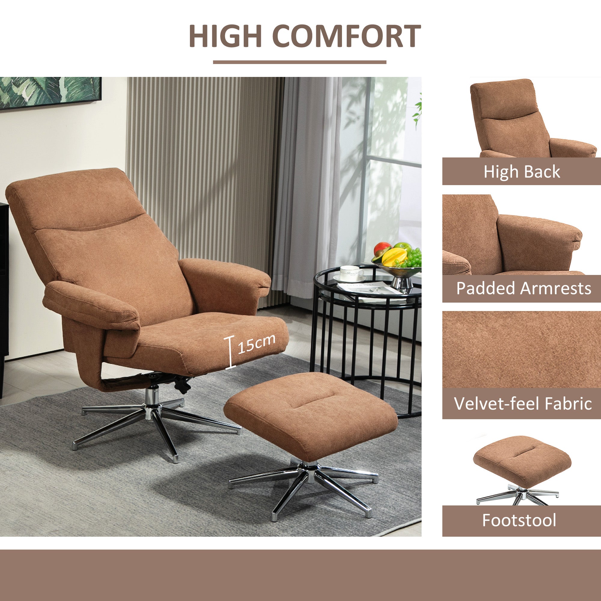 Recliner Chair with Footstool, Upholstered Velvet Fabric Armchair with Adjustable Back, Solid Wood Frame for Living Room, Light Brown