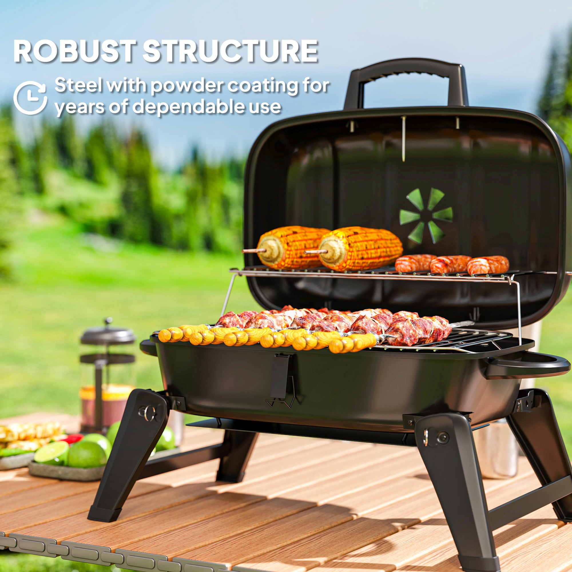 Charcoal Barbecue Grill Folding Portable BBQ Grill for Camping with 1232 cm² Cooking Area, Adjustable Vent, Thermometer, Handles for Picnic, 59 x 37 x 36 cm, Black