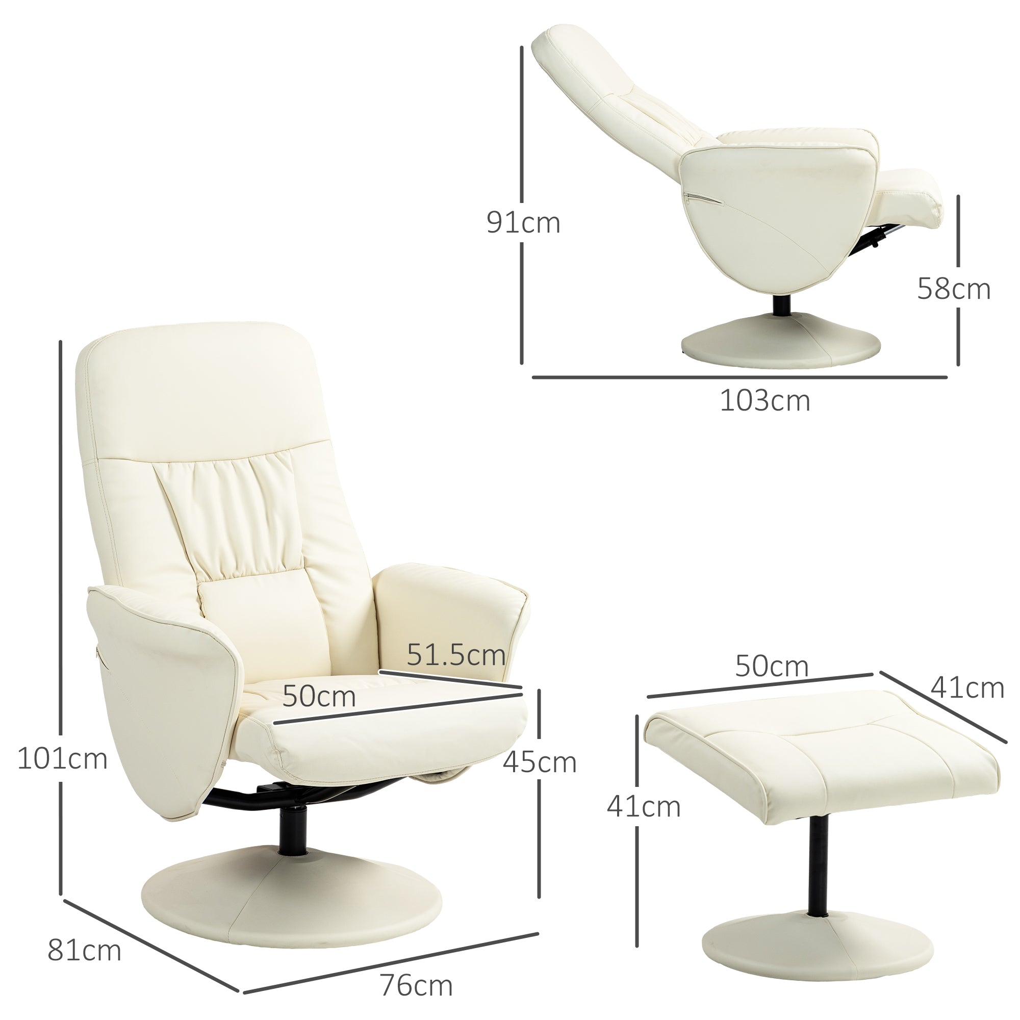 Swivel Recliner Chair with Footstool, PU Leather Armchair and Ottoman with High Back and Round Base for Living Room, Cream White