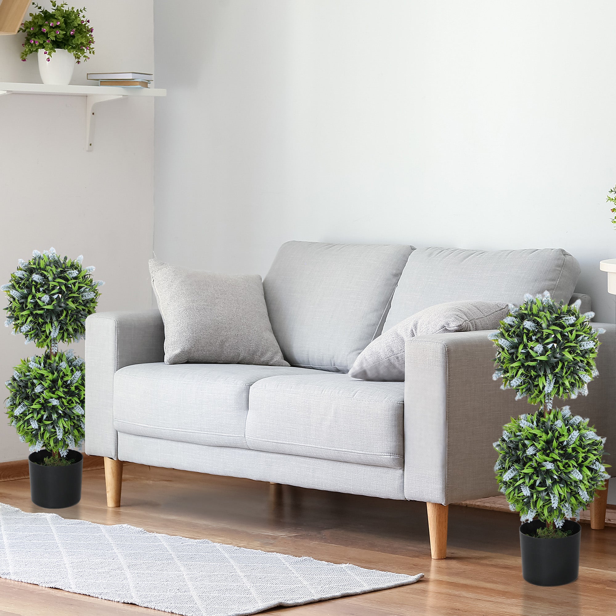 Set of 2 Decorative Artificial Plants Ball Trees with Lavender Flowers in Pot Fake Plants for Home Indoor Outdoor Decor, 70cm, Blue