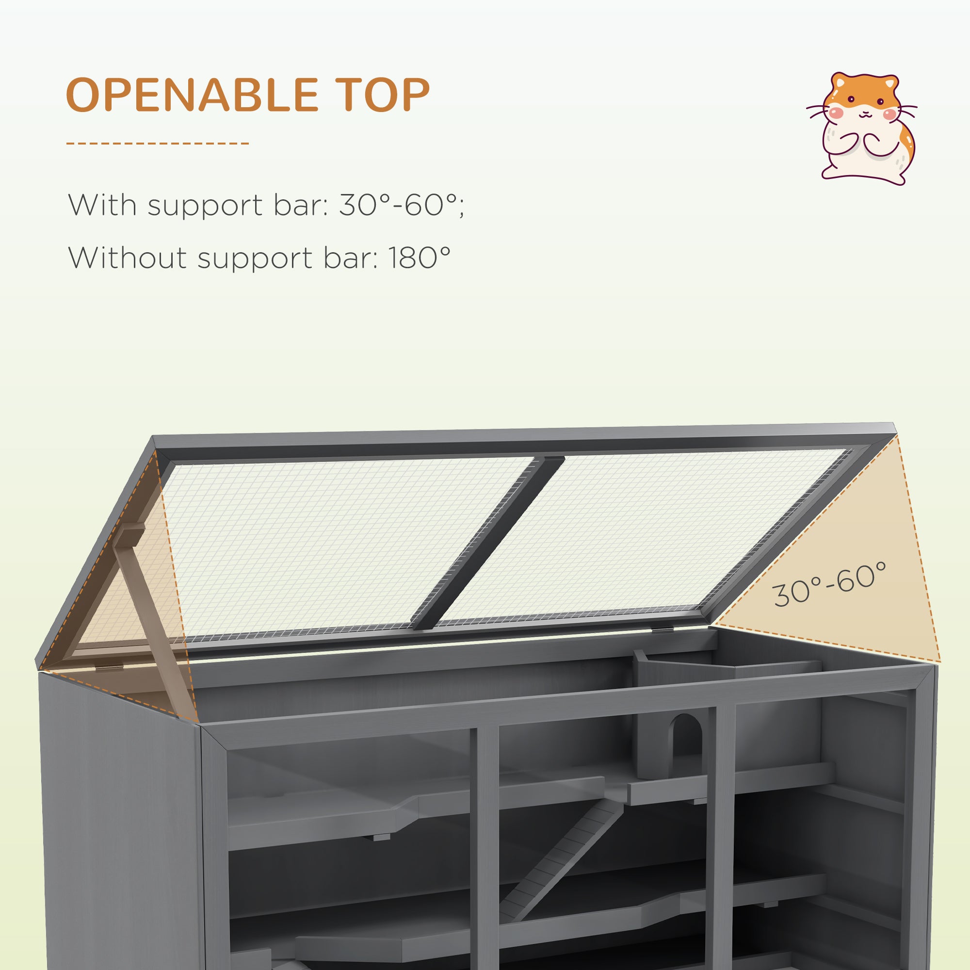 Wooden Hamster Cage, Small Animals Hutch with Tray, Openable Top, Exercise Play House Pen, 115L x 57W x 55Hcm, Grey