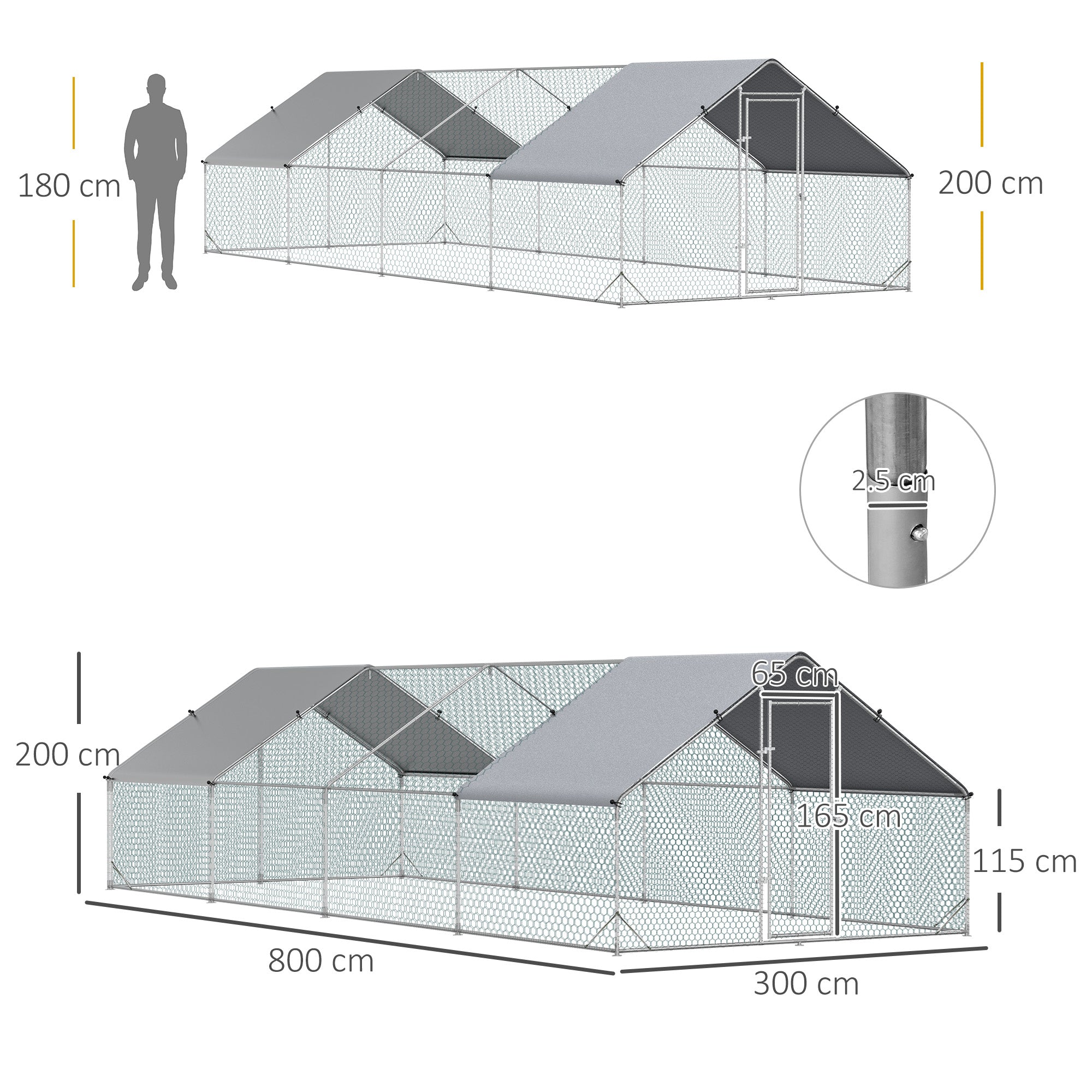 Chicken Run Galvanised Walk-in Chicken Coop Hen Poultry House Cage Rabbit Hutch with Water-Resist Cover, 3 x 8 x 2m