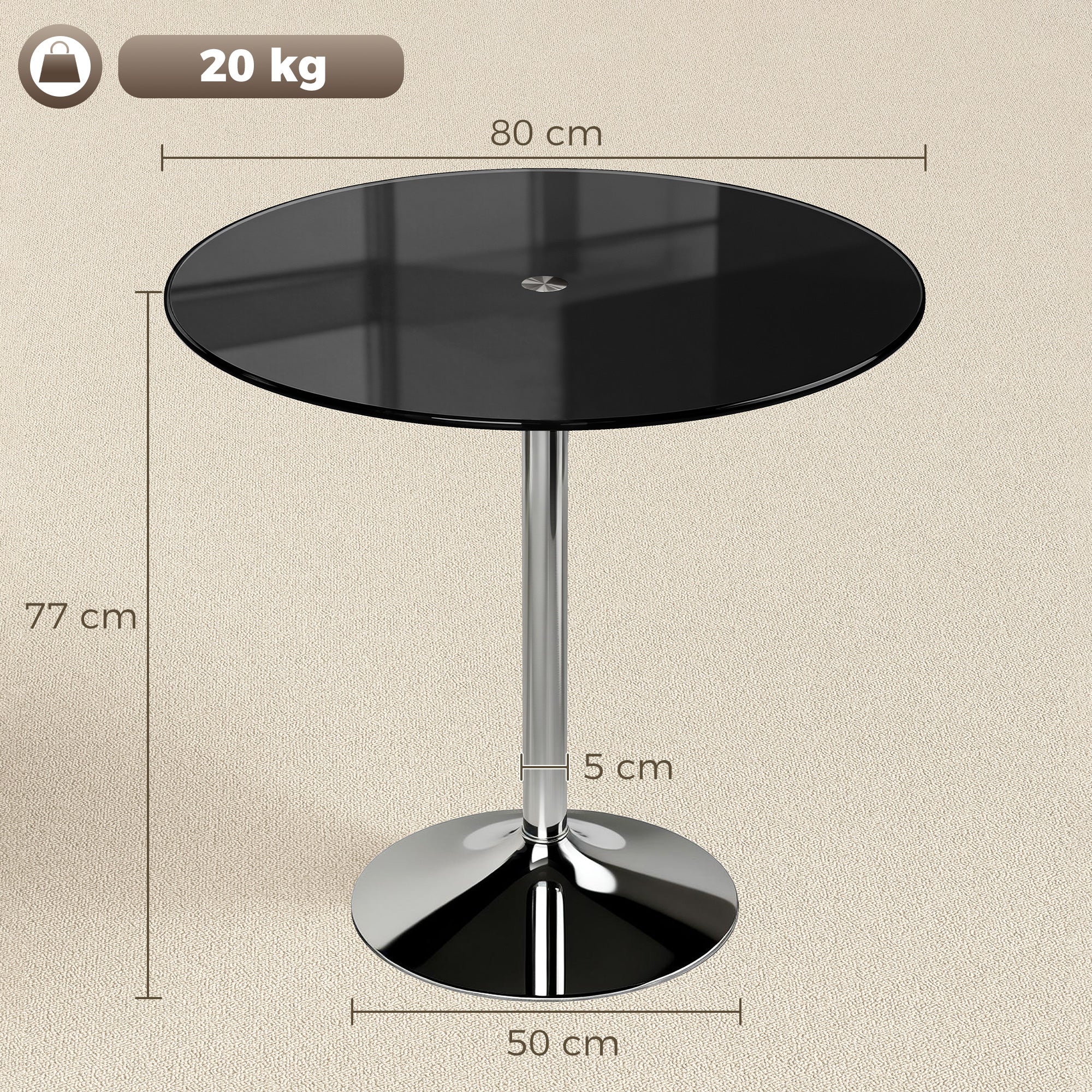 Round Bar Table, Modern Dining Table with Tempered Glass Top and Steel Frame for 4, 80 x 80 x 77cm, Black