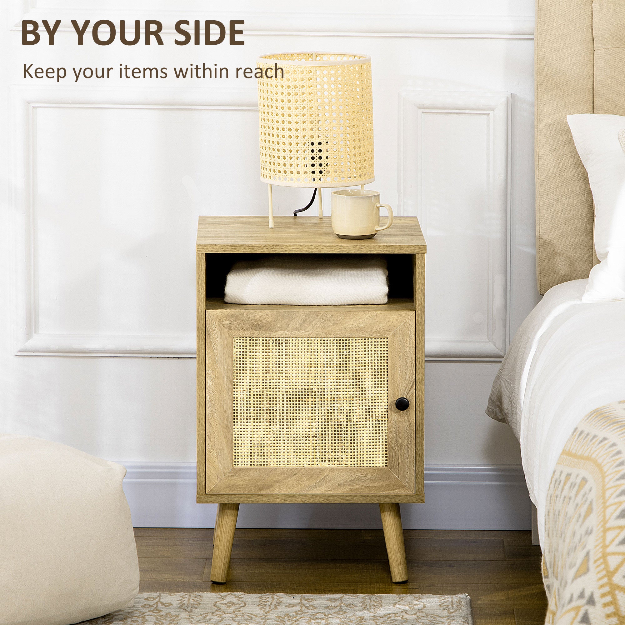 Bedside Table with Rattan Panel, Shelf & Cupboard 39x35x60cm - Natural