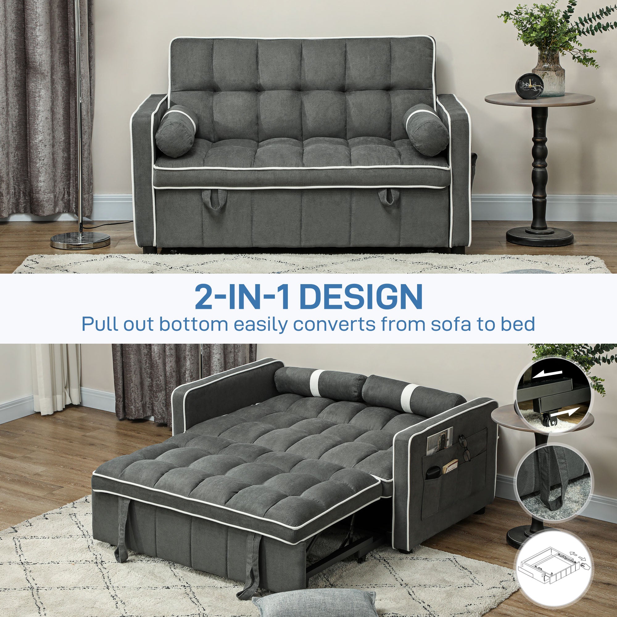 Two-Seater Linen-Look Sofa Bed - Charcoal Grey