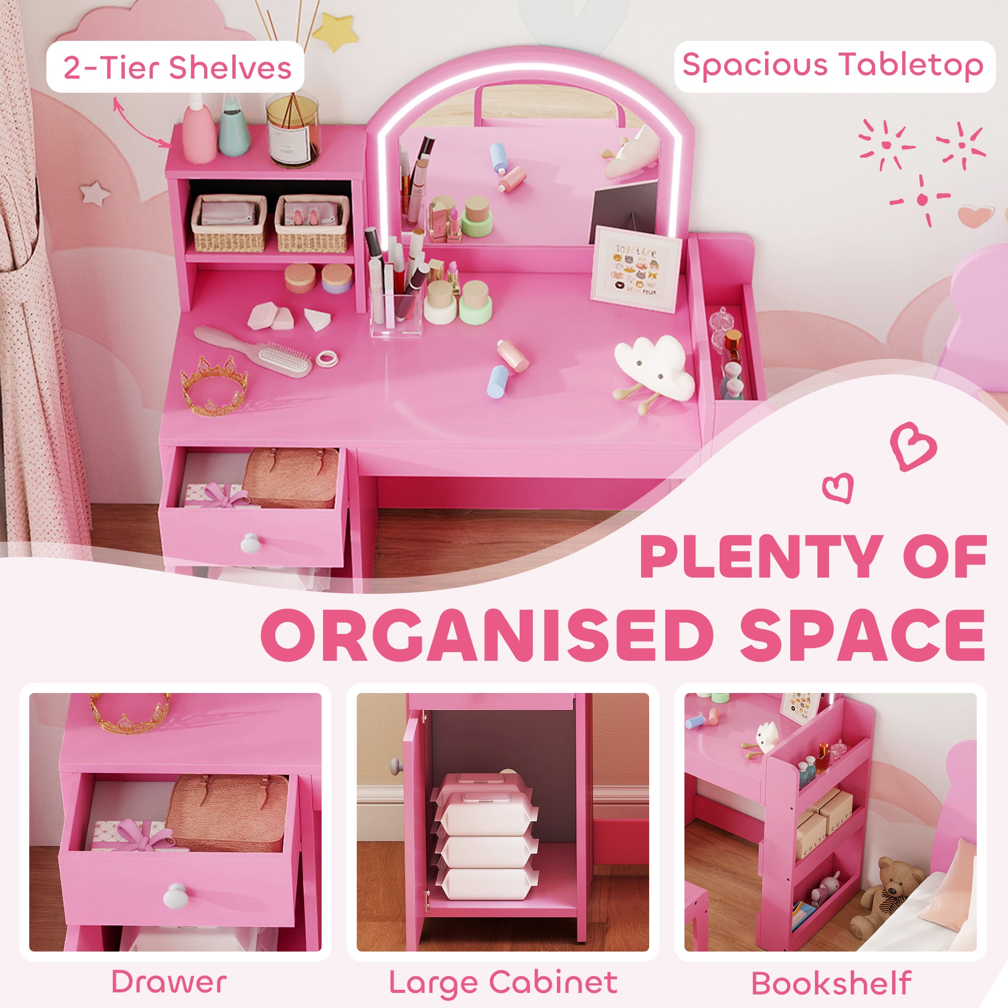 Kids Vanity Table and Chair Set, Girls Dressing Table with 2-Colour LED Mirror, Stool, Cabinet, Drawer, Shelves, Pink