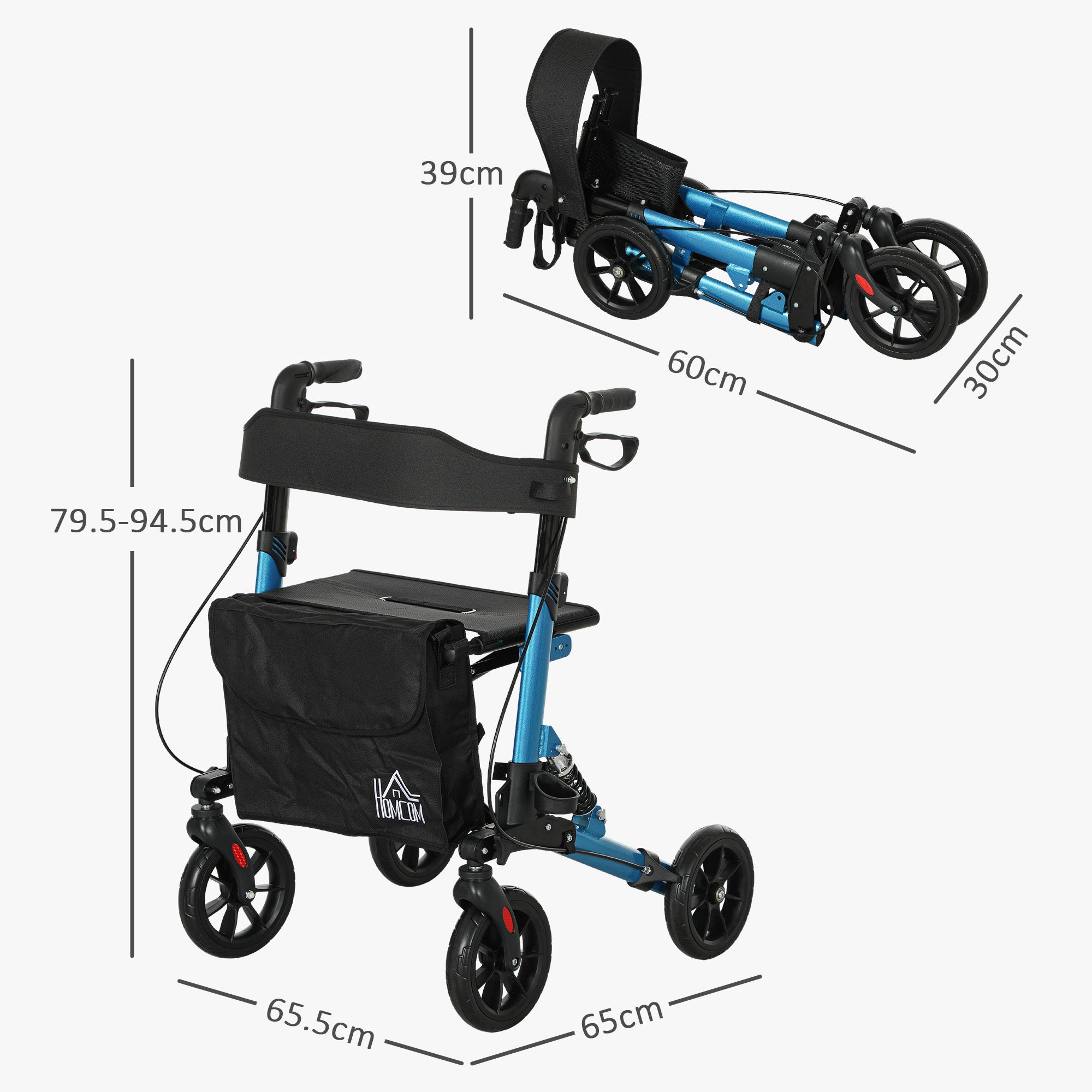 Folding Rollator Walker with Seat, Backrest, Lightweight Walking Frame with Storage Bag, Dual Brakes, Adjustable Handle Height, Suspension System, 4 Wheeled Walker for Seniors, Blue