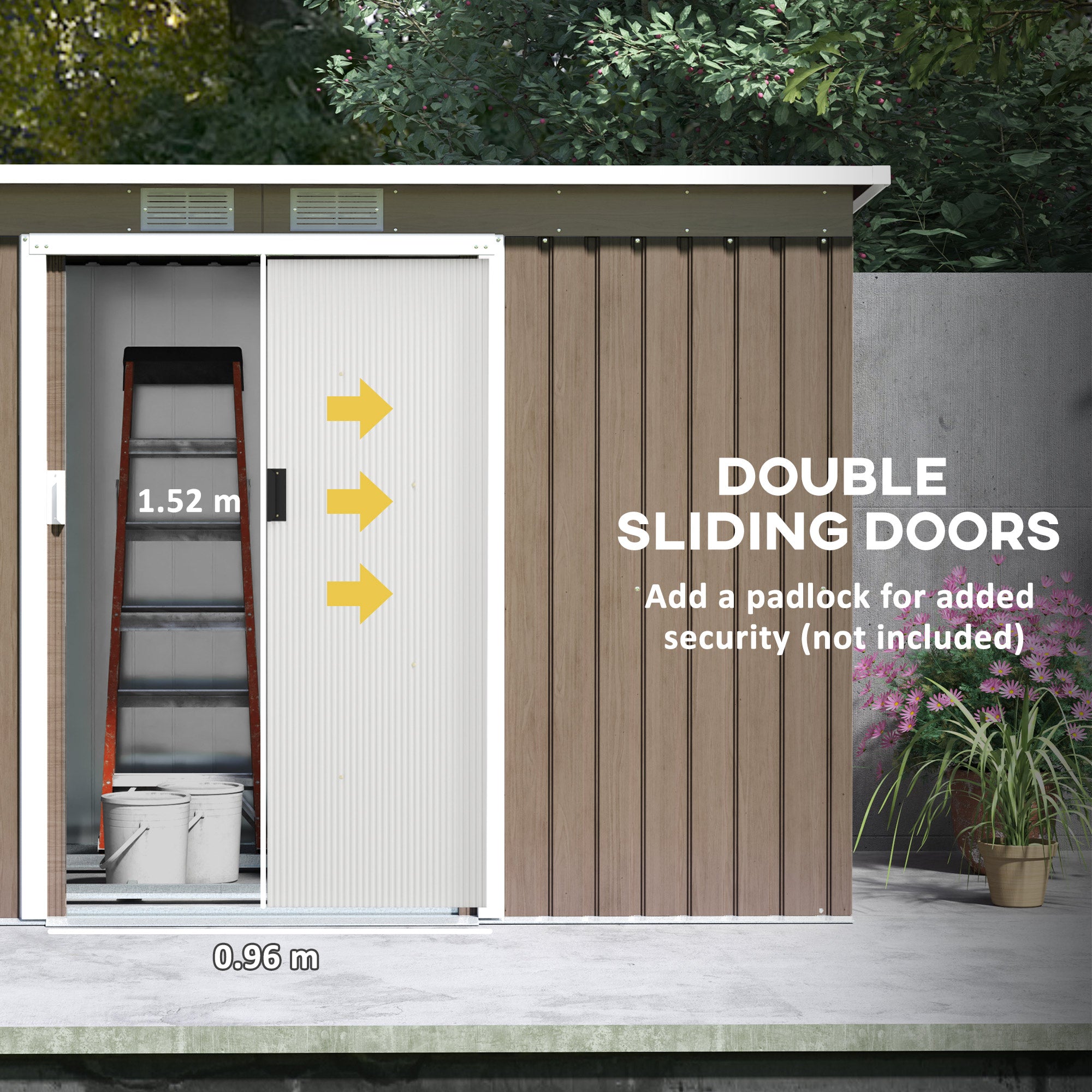 9ft x 4ft Metal Garden Shed with Foundation Kit and Ventilation - Light Grey Wood Grain