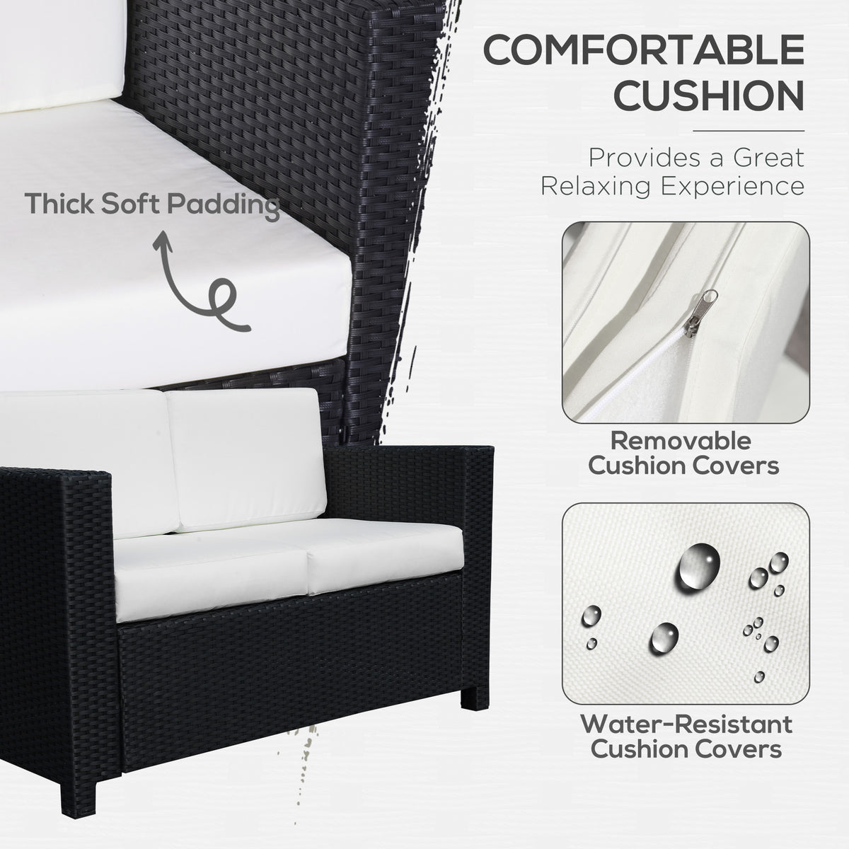 2 Seater Rattan Garden Loveseat with Cushions - Black