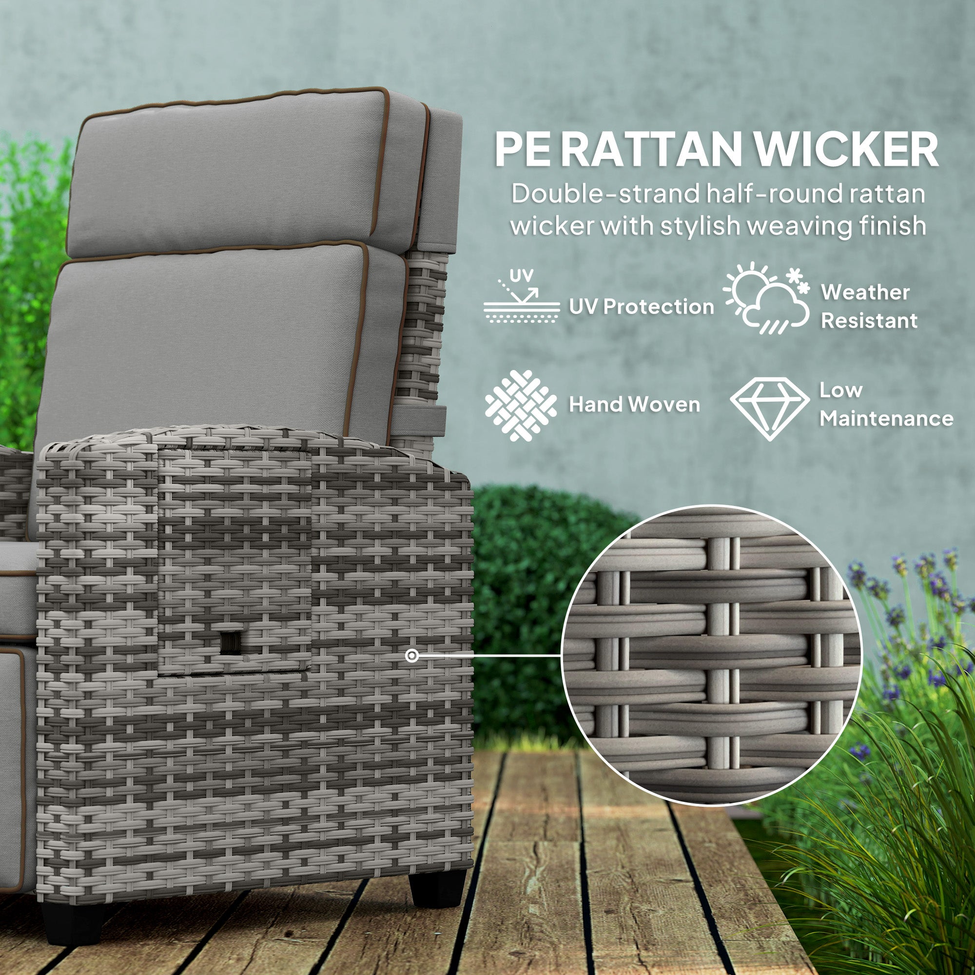 Rattan Garden Recliner Chair, Adjustable Backrest Reclining Rattan Chair with Flip Table, Cushion and Footrest, Indoor Outdoor Lounge Reclining Sun Lounger for Patio, Mixed Grey/Grey