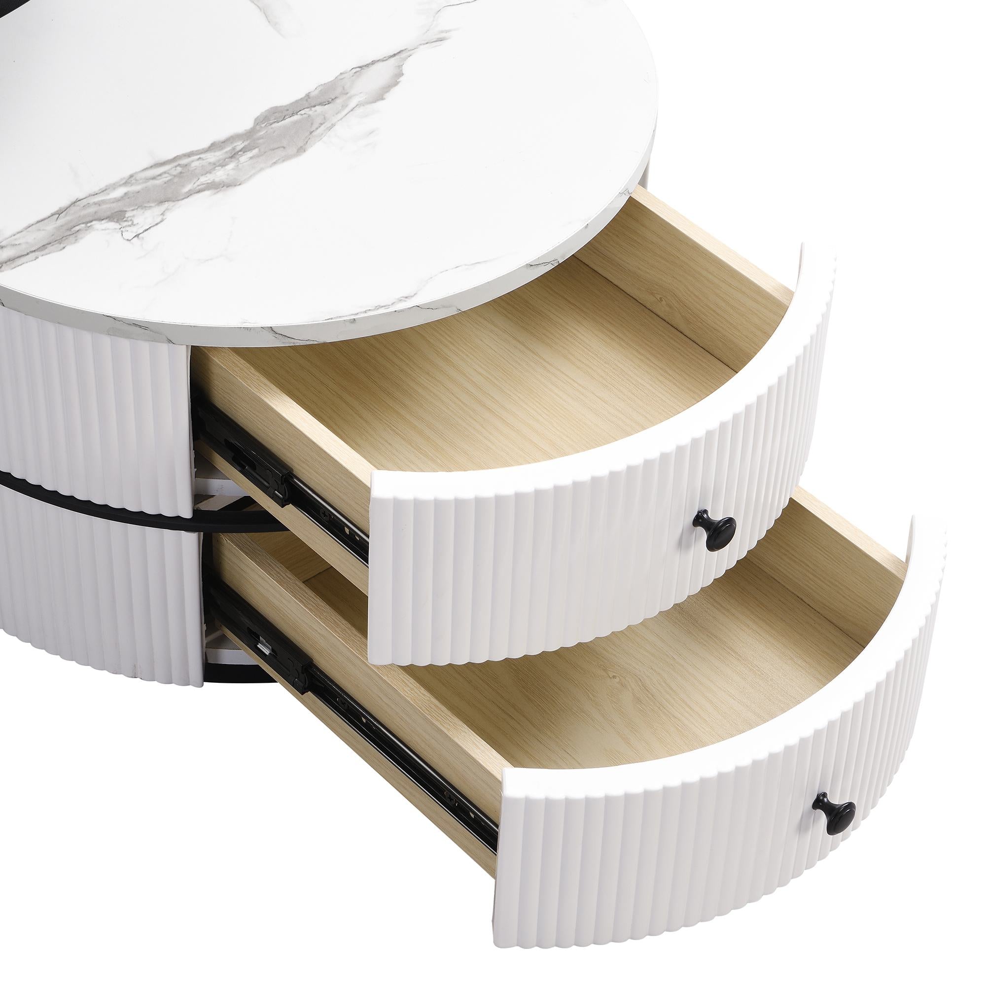 2 Piece High Gloss Round Nesting Coffee Table Set with Marble-Effect Top, Living Room Tables with Storage Drawers, White+Black
