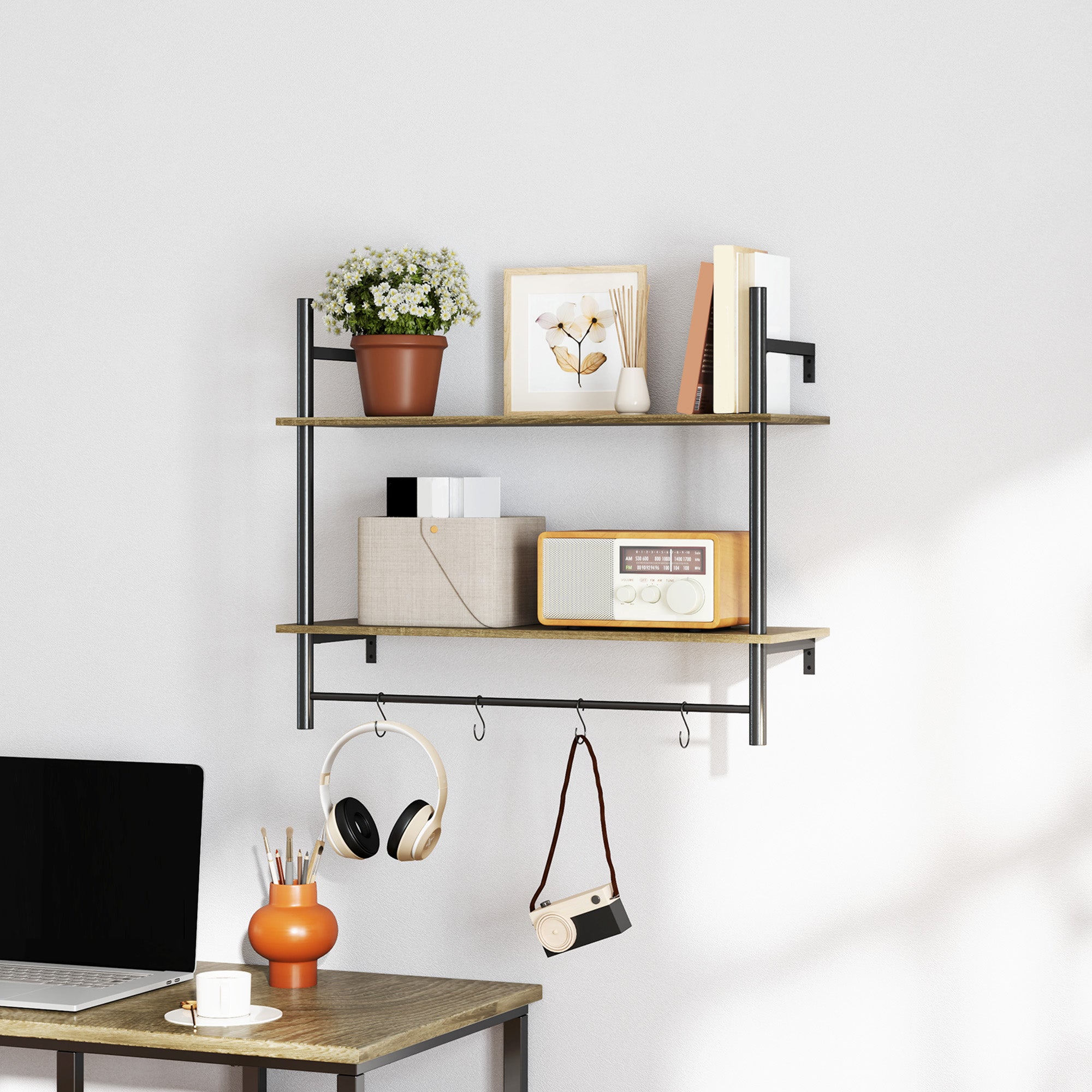 Wall Mounted Floating Shelves with 4 Hooks, Rustic Wall Shelf Unit for Living Room, Entryway, Grey