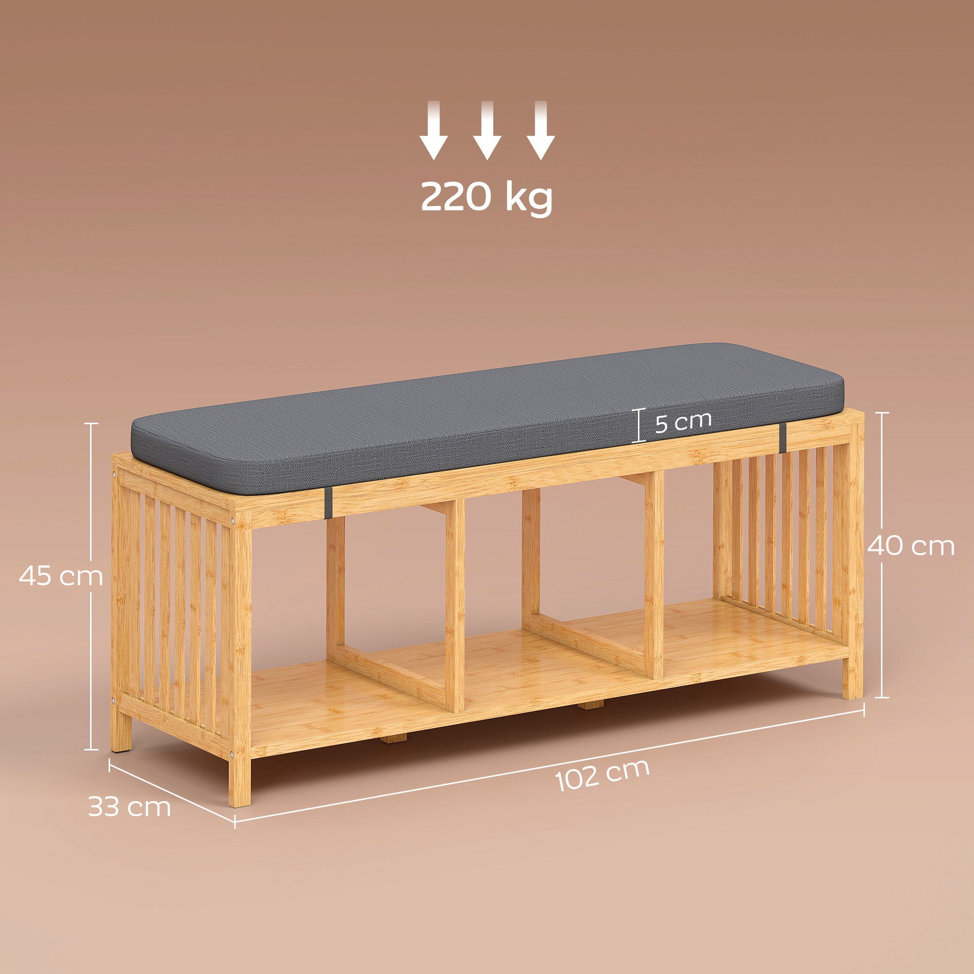 Bamboo Shoe Bench, Entryway Storage Bench with Padded Cushion and Open Shelf, Natural Wood Finish