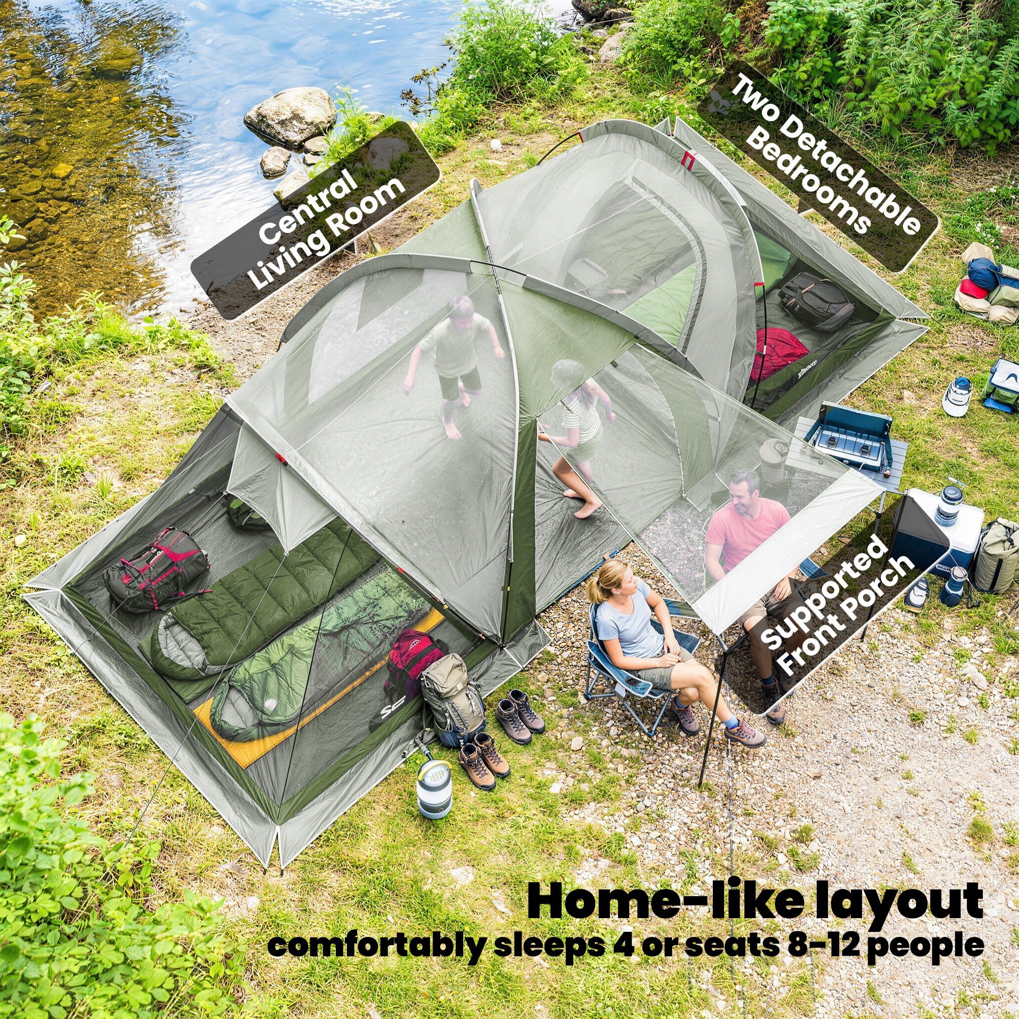 Family Camping Tent 3000mm Waterproof Windproof Tunnel Tent 8-12 Person Two Bedrooms Green