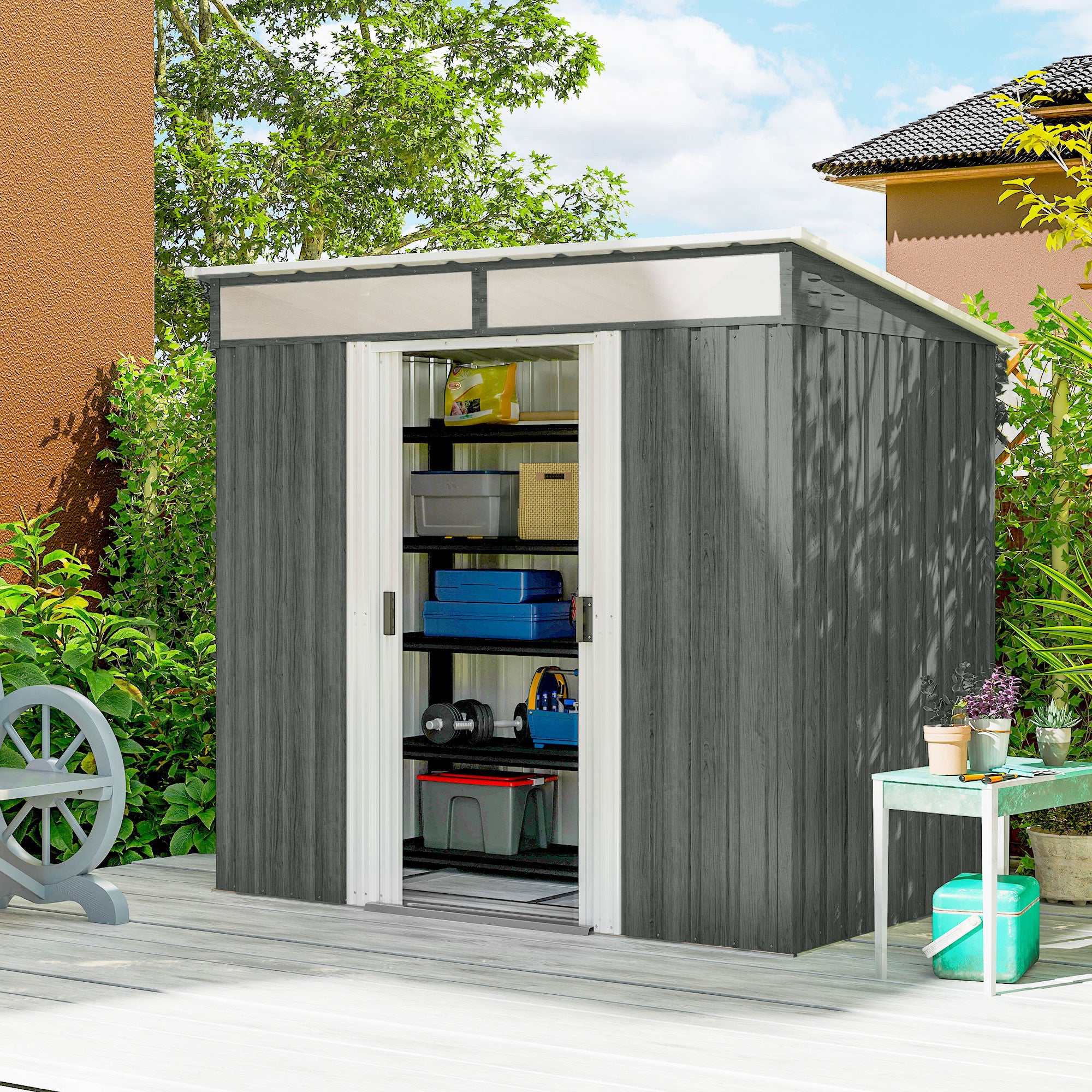 6.5 x 4FT Galvanised Metal Shed with Foundation Kit, Lockable Tool Garden Shed with Double Sliding Doors, Vents, Light Grey Wood Effect