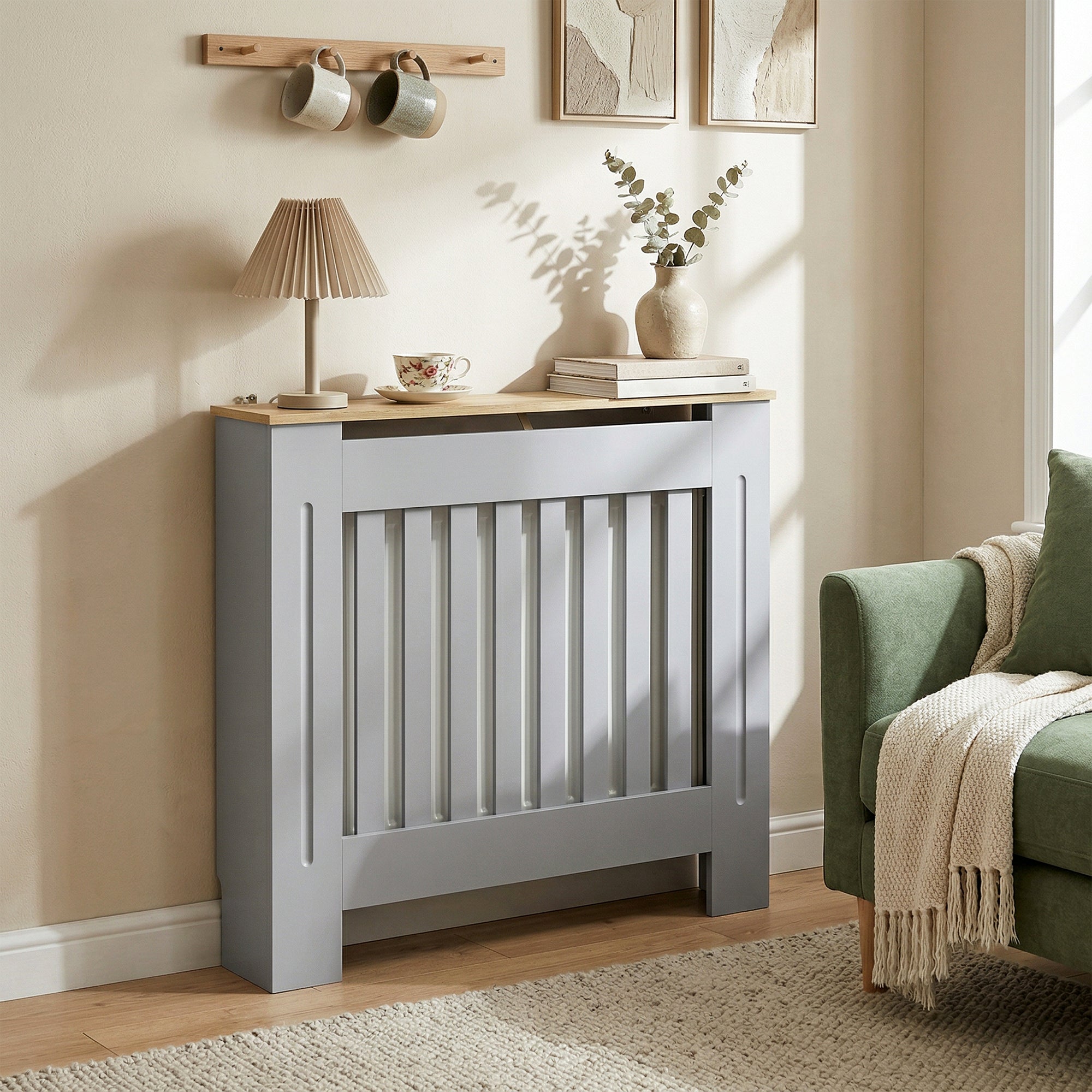 Heater Cover, Radiator Cover Slatted Painted MDF Lined Grill Grey, 78L x 19W x 81H cm