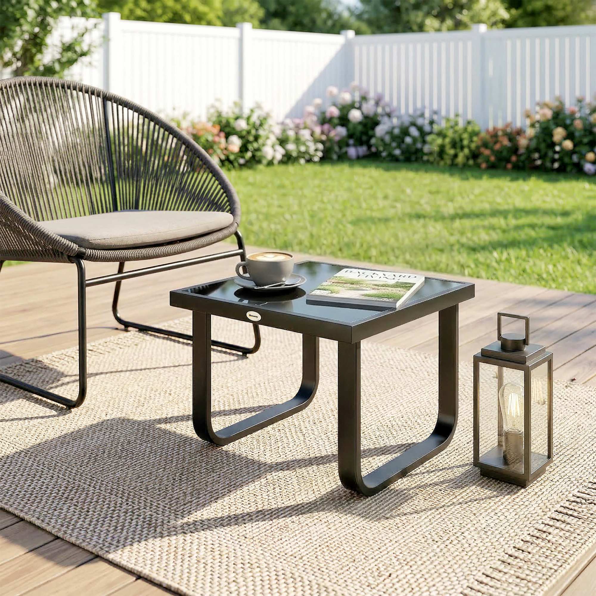 Outdoor Garden Coffee Table, Rectangle Metal Side Table with Tempered Glass Tabletop, Adjustable Foot Pads
