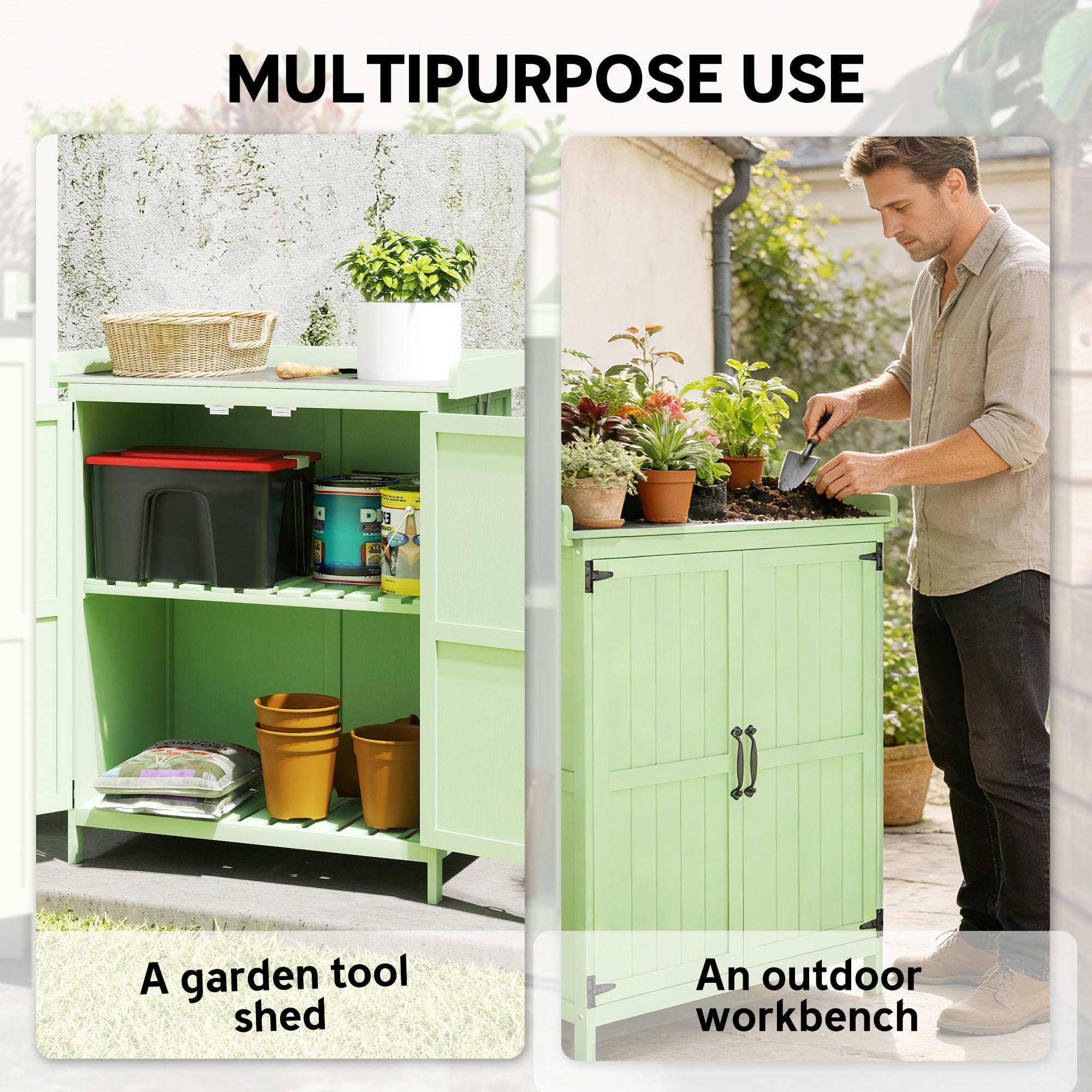 Wooden Garden Shed, Garden Tool Storage Shed with Hinged Roof and Shelf, Outdoor Storage Cabinet with Double Doors, Light Green