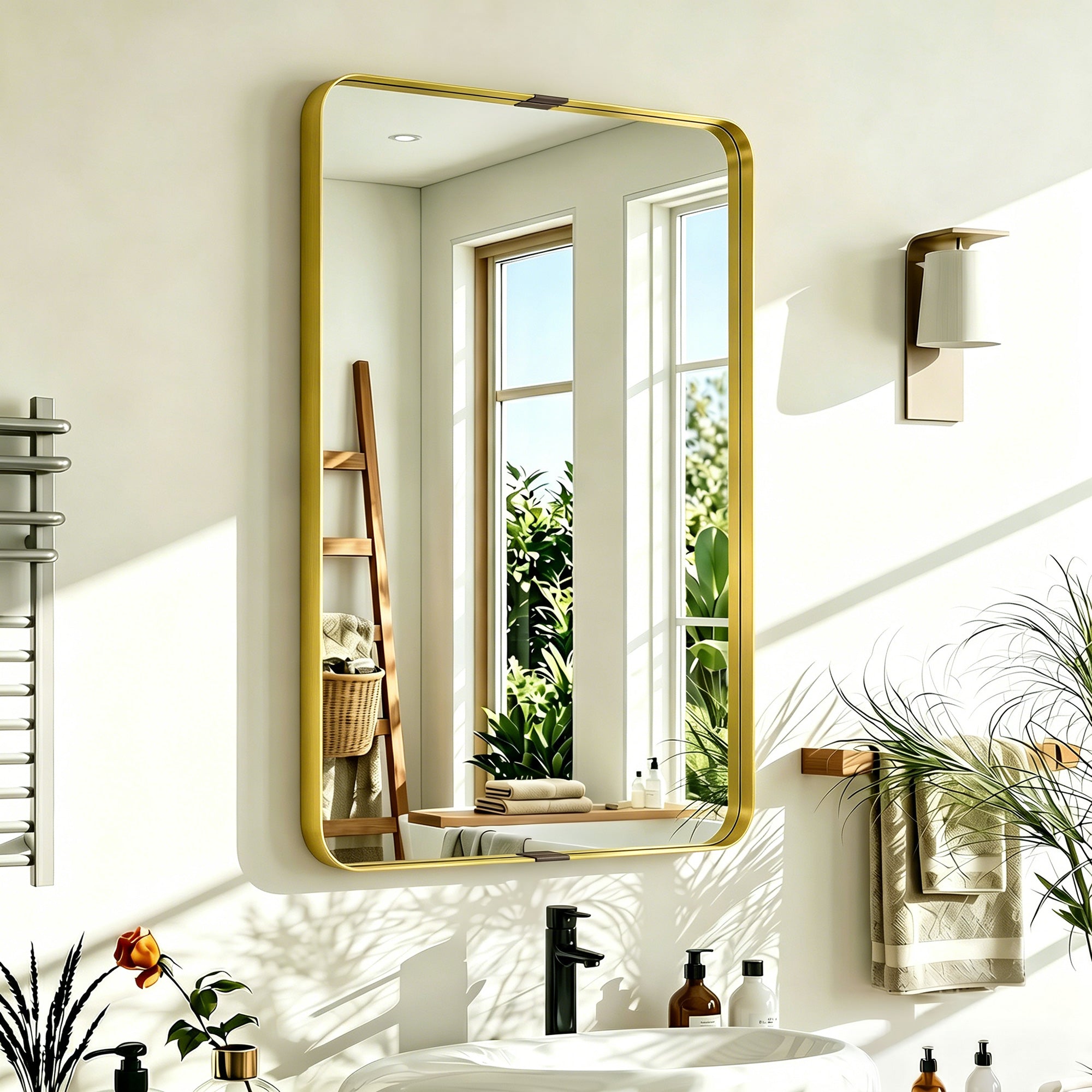 Rectangular Wall Mirror, 90 x 60 cm Wall Mounted Bathroom Mirror w/ Aluminium Alloy Frame and Tempered Glass, Gold Tone
