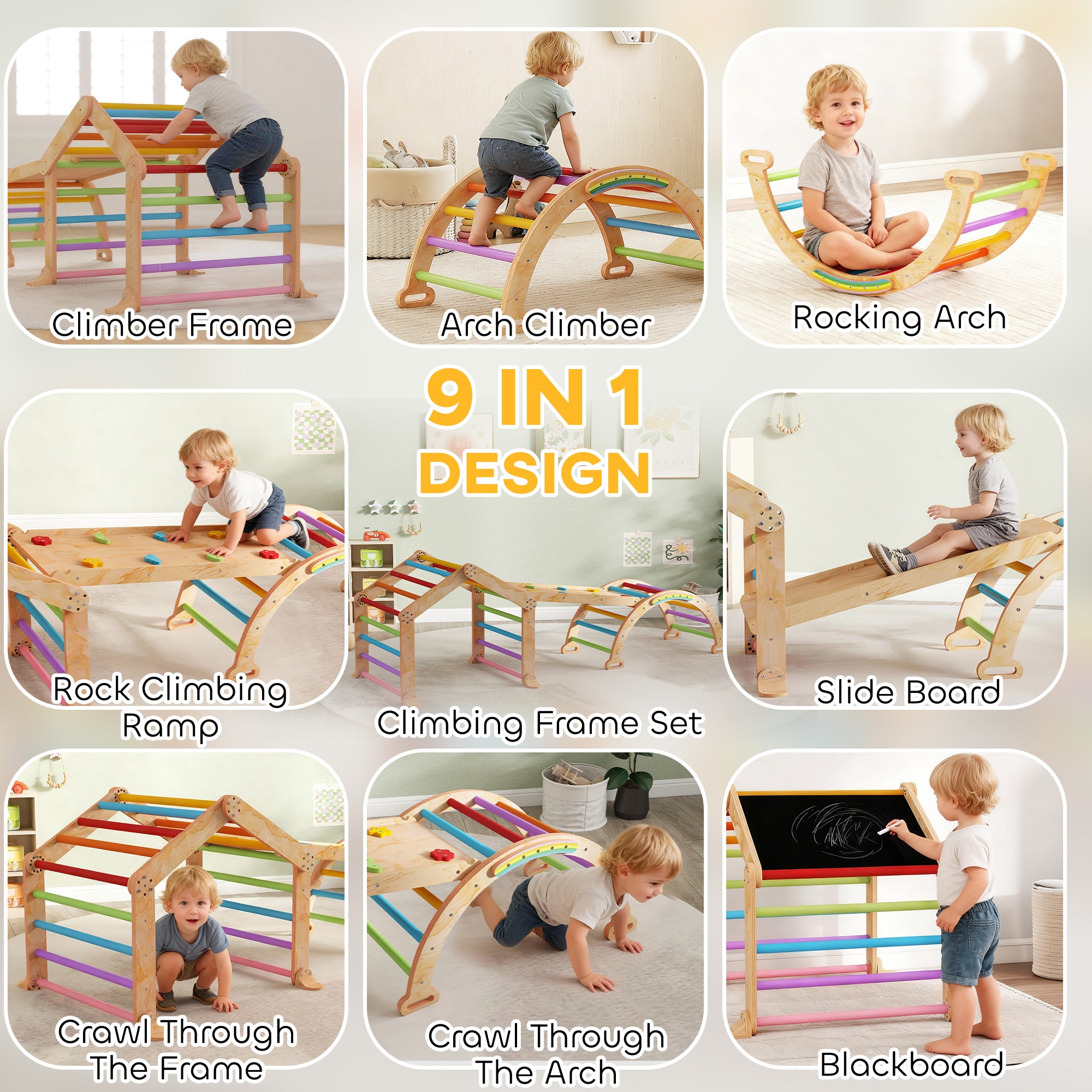 9 in 1 Toddler Climbing Frame with Ramp, Slide, Arch, Ladder, Blackboard for 18-48 Months