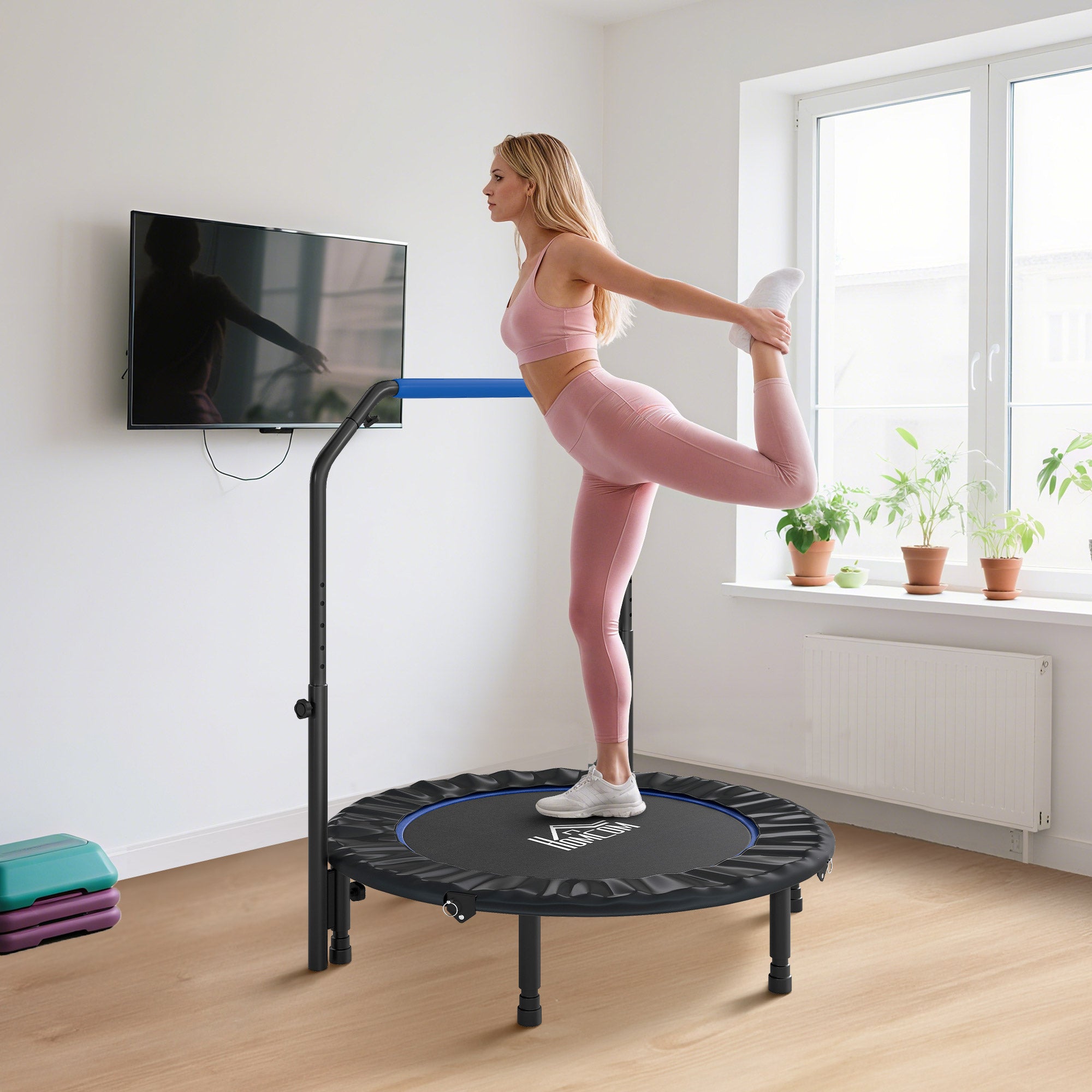 45" Foldable Mini Fitness Trampoline, with Adjustable Foam Handle, Blue