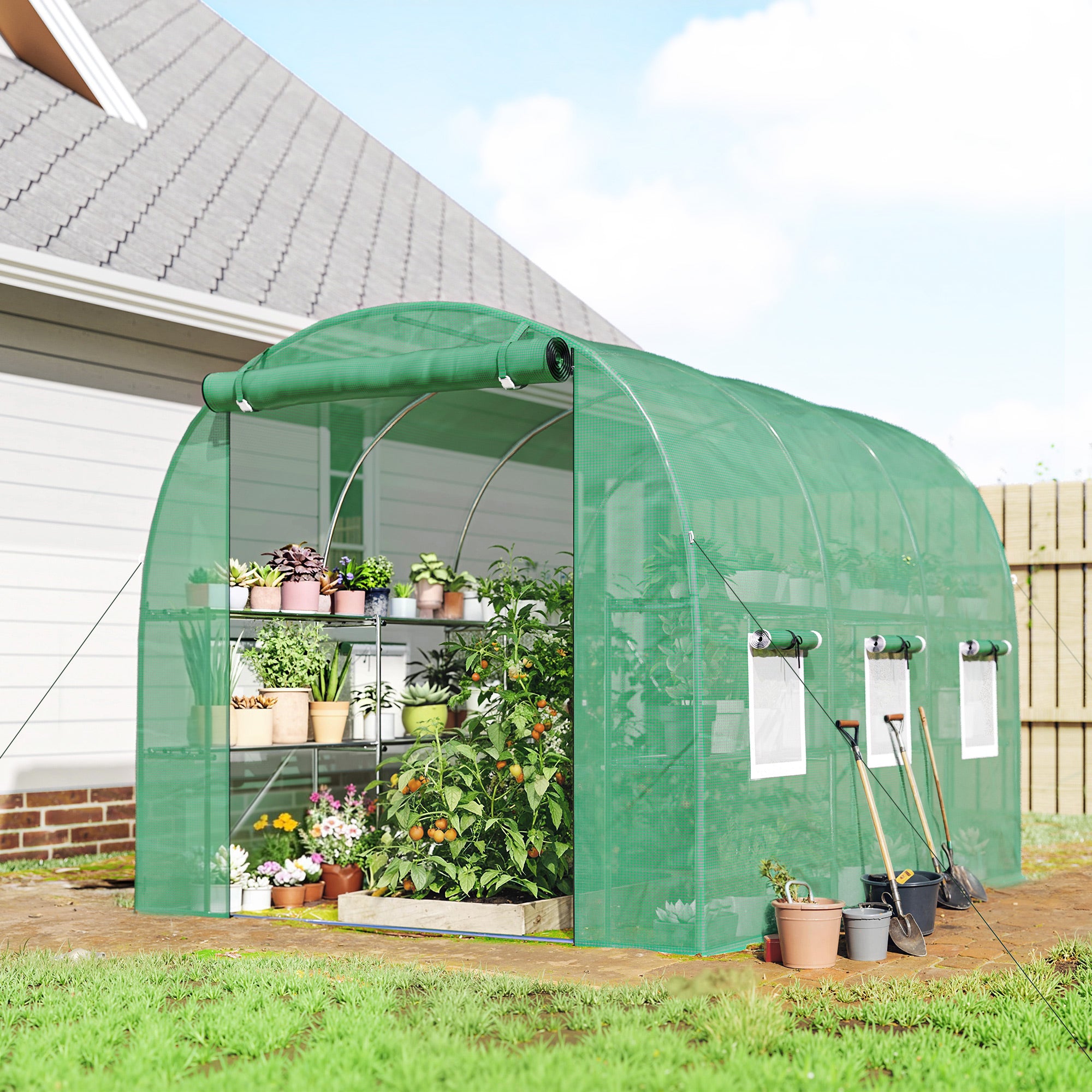 Walk-in Greenhouse with Shelves, Polytunnel Greenhouse with Roll-Up Door, 6 Mesh Windows,198 x 275 x 191 cm, Green