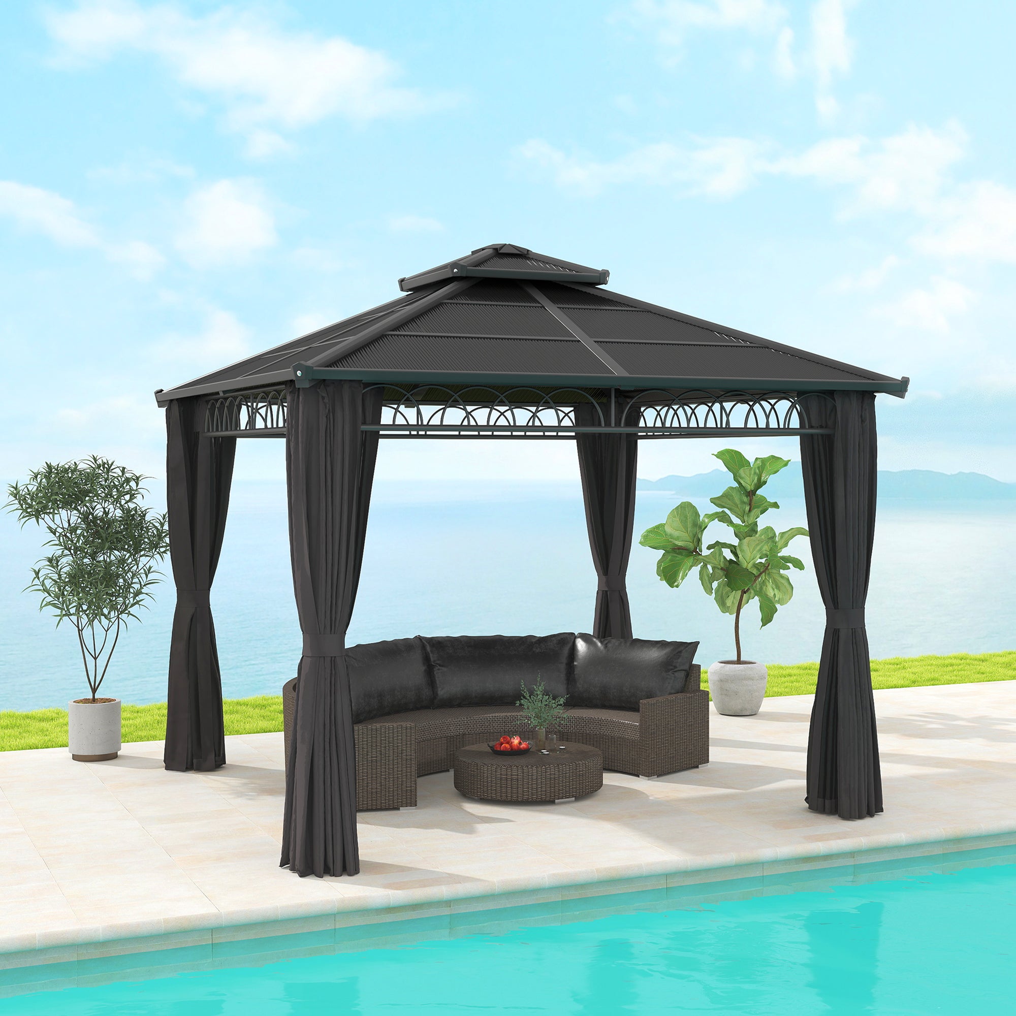 3 x 3 m Outdoor Polycarbonate Double Roof Gazebo with Steel Frame, Nettings & Curtains - Dark Grey