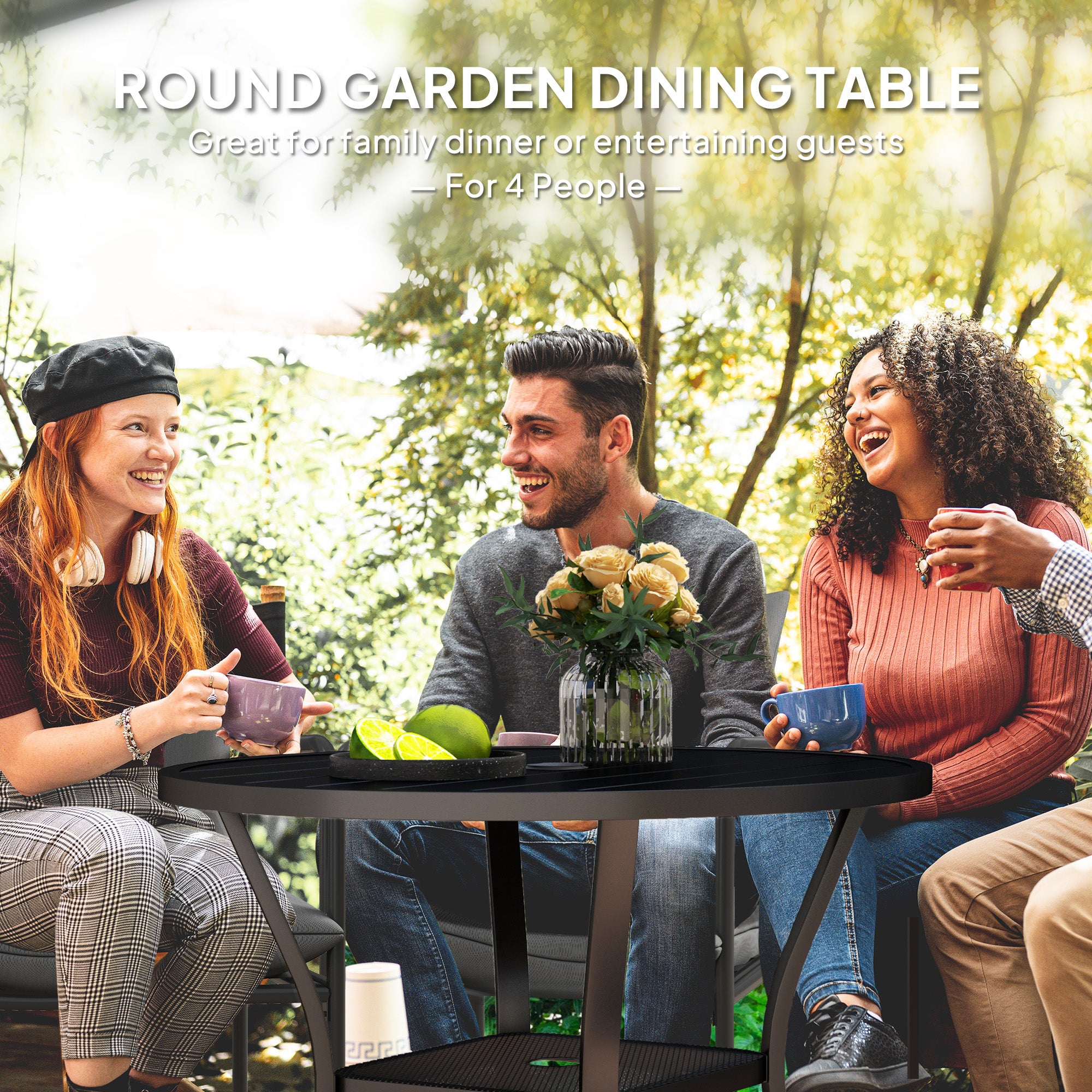 90cm Round Steel Garden Dining Table with Parasol Hole and Wire Shelf - Black