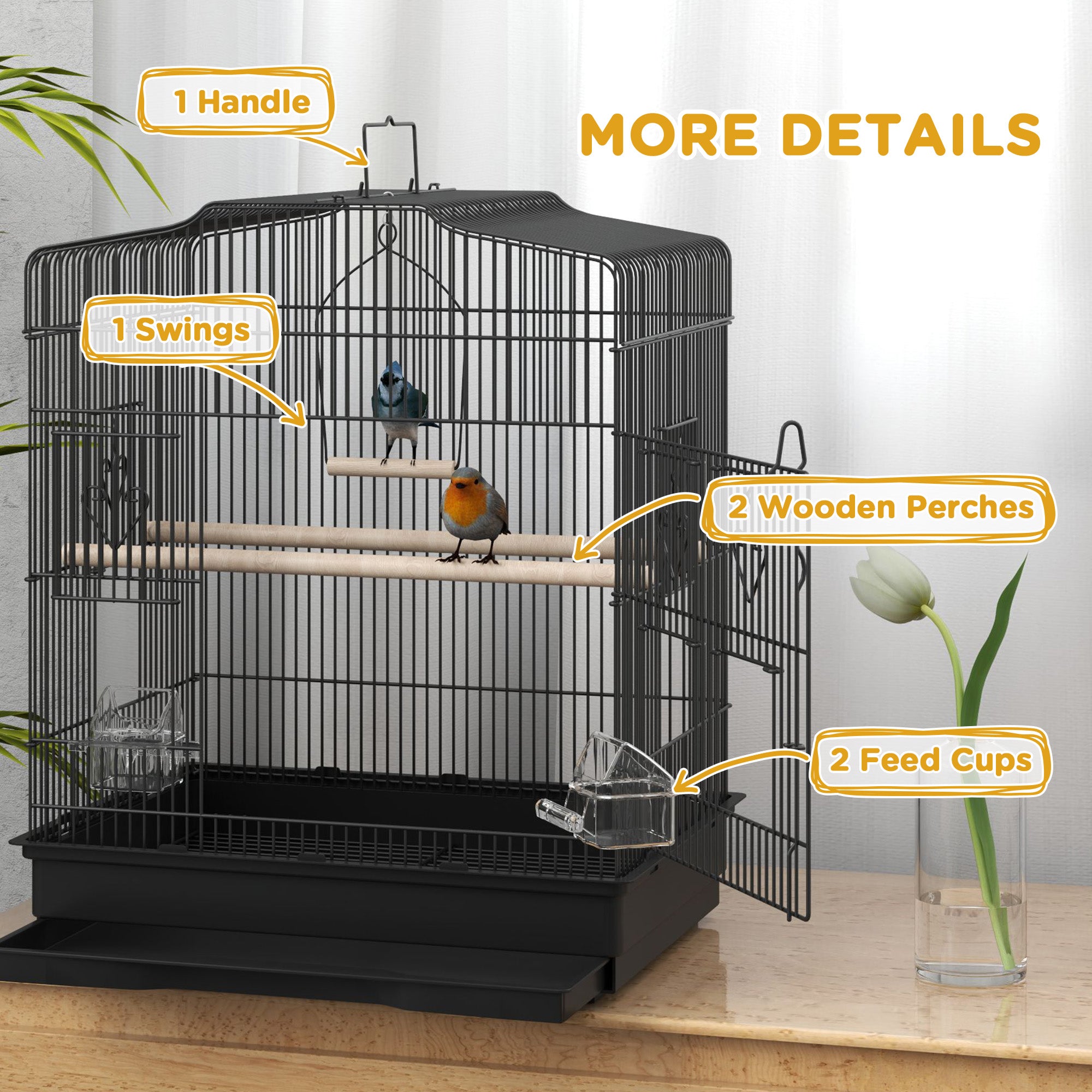 Large Metal Bird Cage with Perches, Food Bowls, Swing, for Budgies, Parakeets, Black