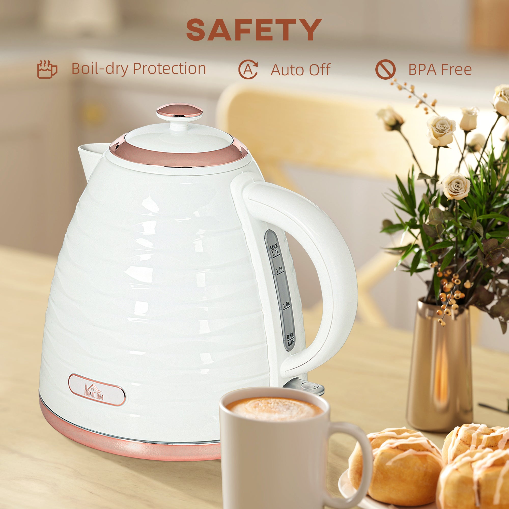 Electric Kettle, 1.7L, Fast Boil, 3kW Water Kettle with Removable Washable Anti-scale Filter, Auto Shut-off, 360° Swivel, BPA Free, Cream White Water Ripple Texture