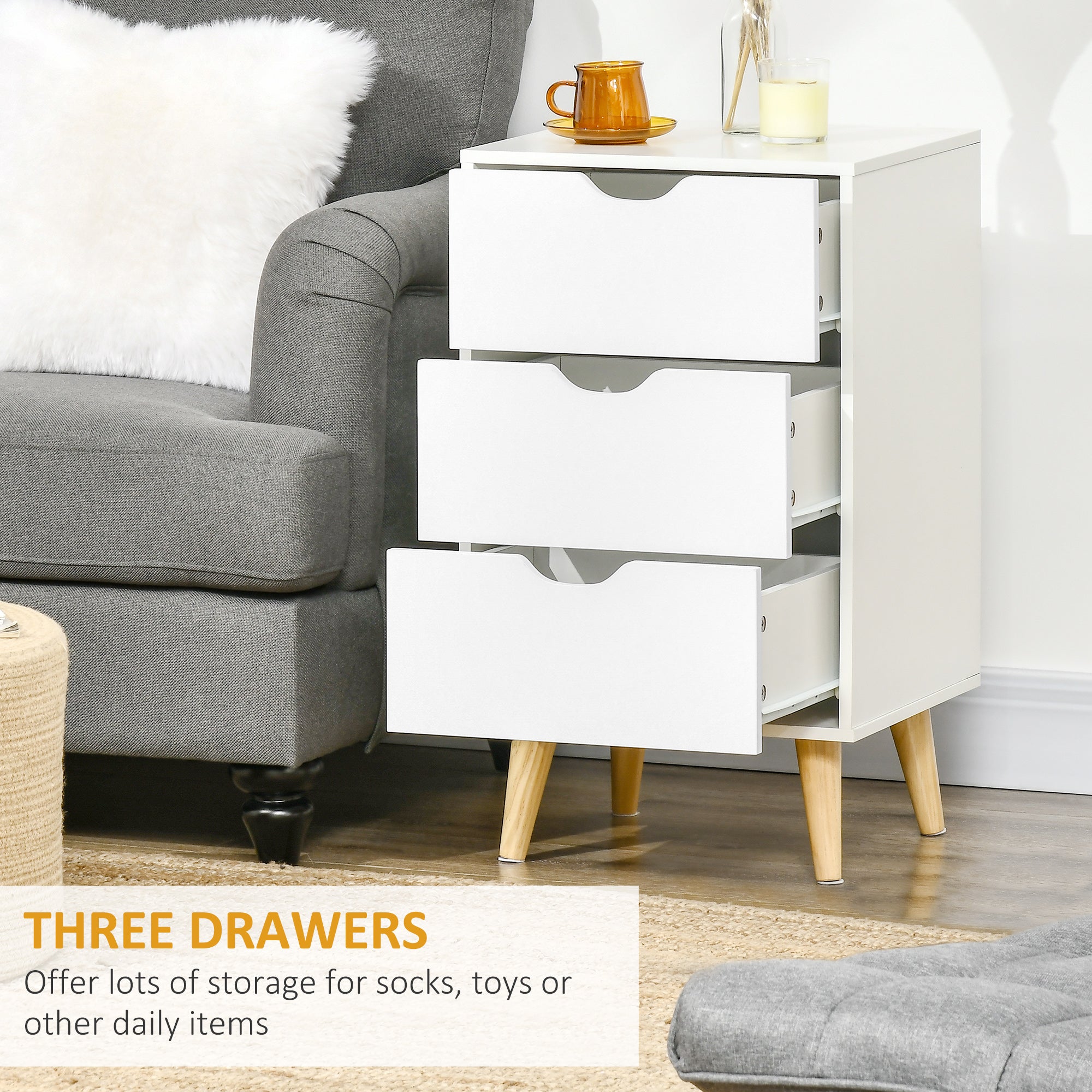 Set of 2 Bedside Tables, Modern Nightstand Side End Table with 3 Storage Drawers and Solid Pine Wood Legs for Bedroom Living Room Entryway, White