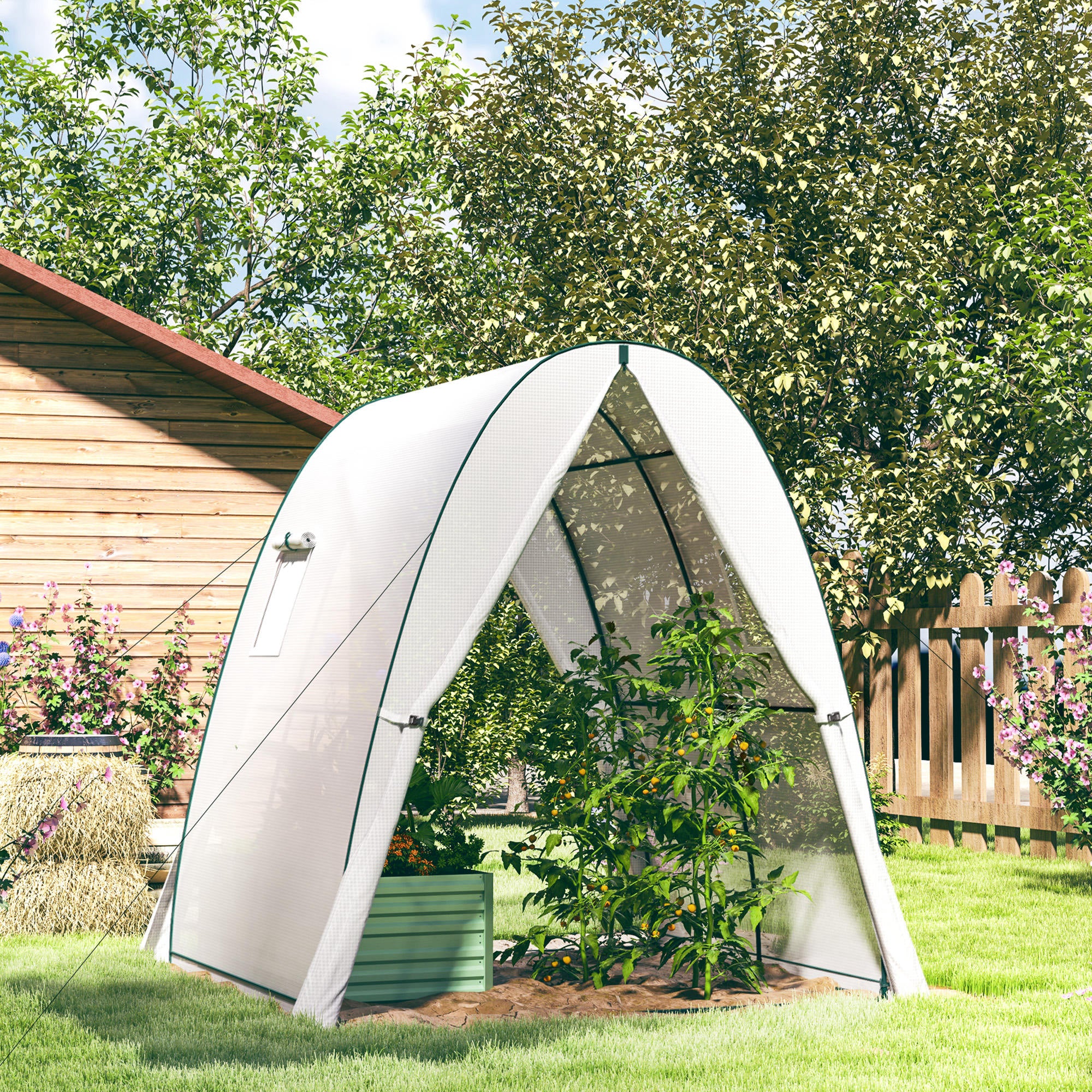 Polytunnel Greenhouse with Sandbags, Walk-In Tunnel Green House with 2 Doors and Screen Windows, 1.8 x 1.8 x 2m, White