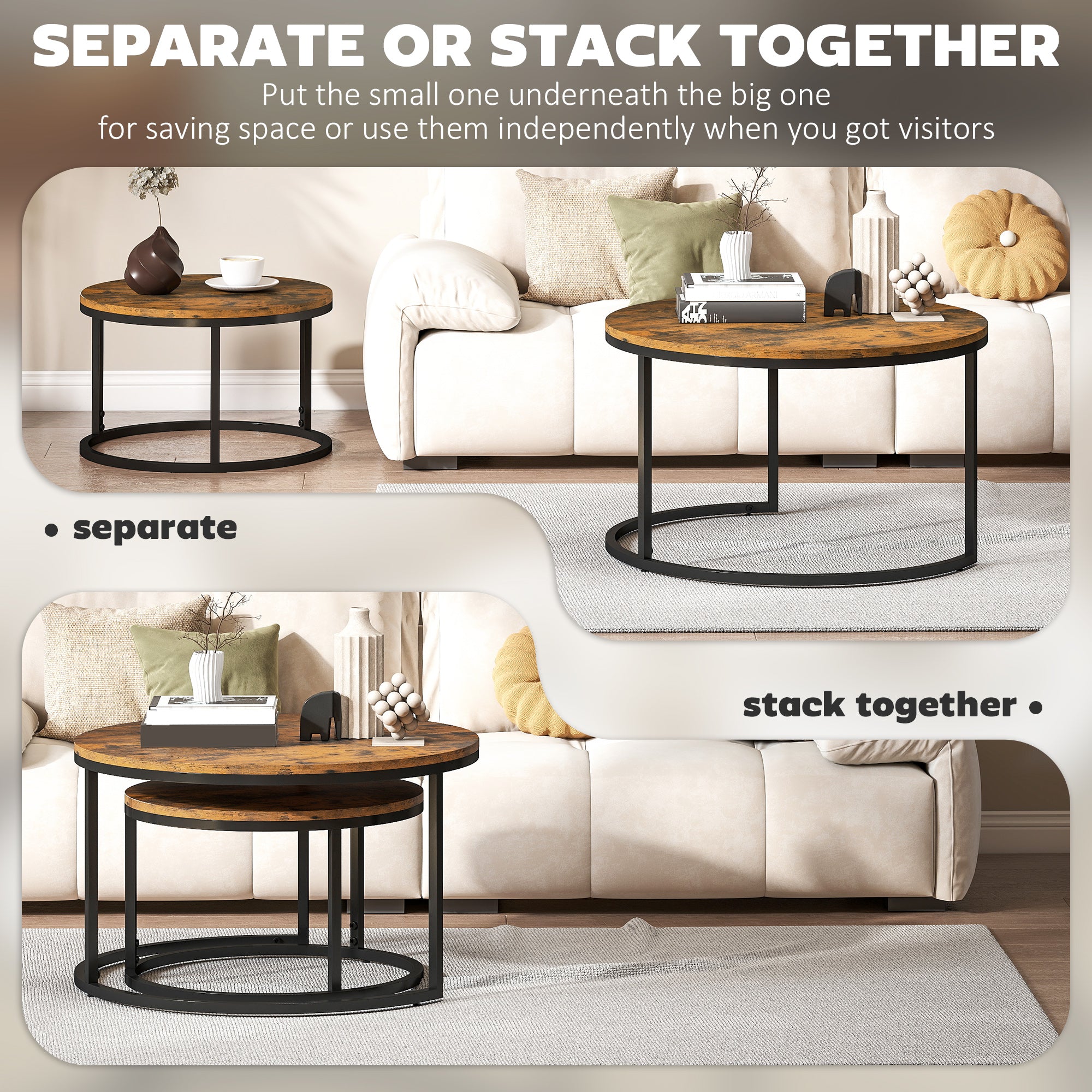 Set of Two Wood-Effect Stacking Tables - Rustic Brown