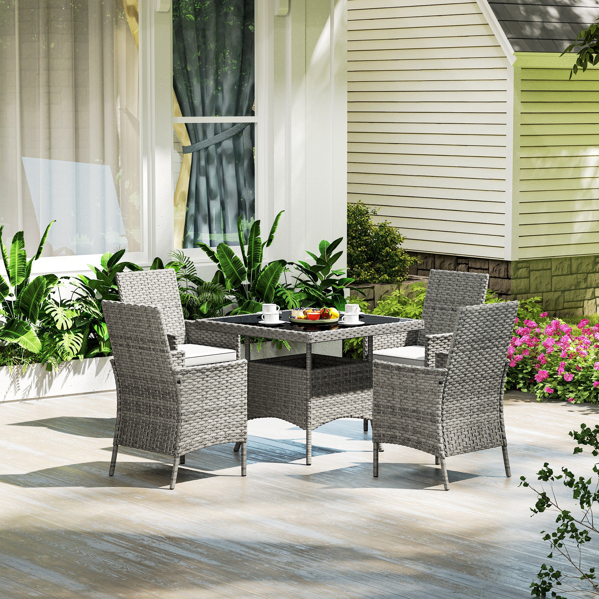 Rattan Garden Furniture Set, Outdoor Dining Table and Chairs 4 Seater with Cushions, Square Tempered Glass Top, 4 Armchairs, for Balcony, Terrace, Conservatory, Grey