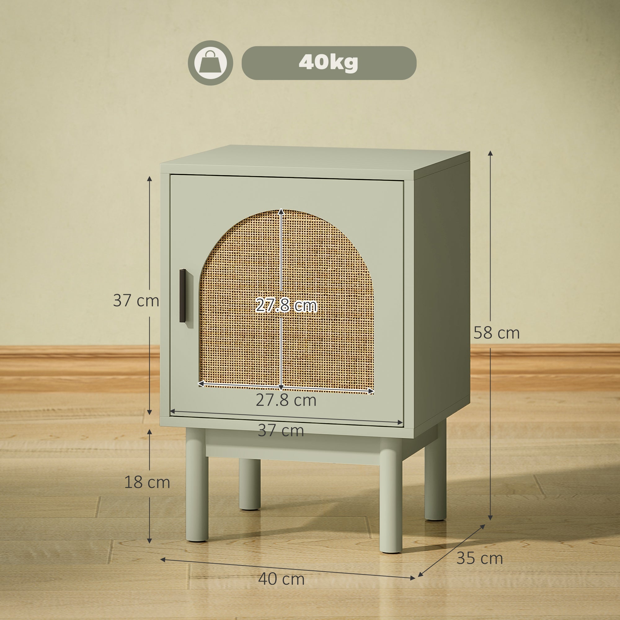 Rattan Bedside Table for Bedroom - Light Green