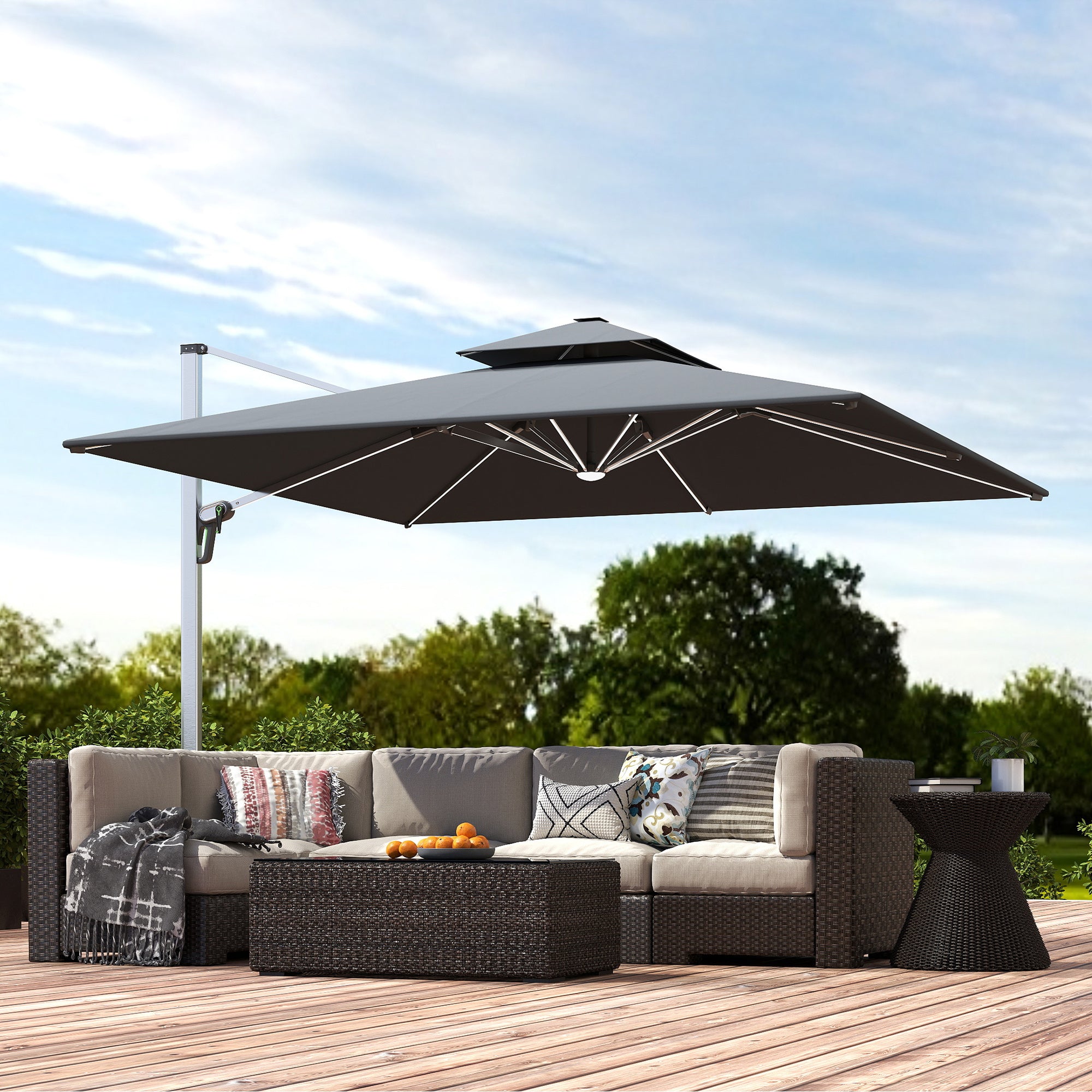 3(m) Garden Cantilever Parasol with Solar LED Lights, Cross Base, 360° Rotation, Crank Handle and Tilt, Grey
