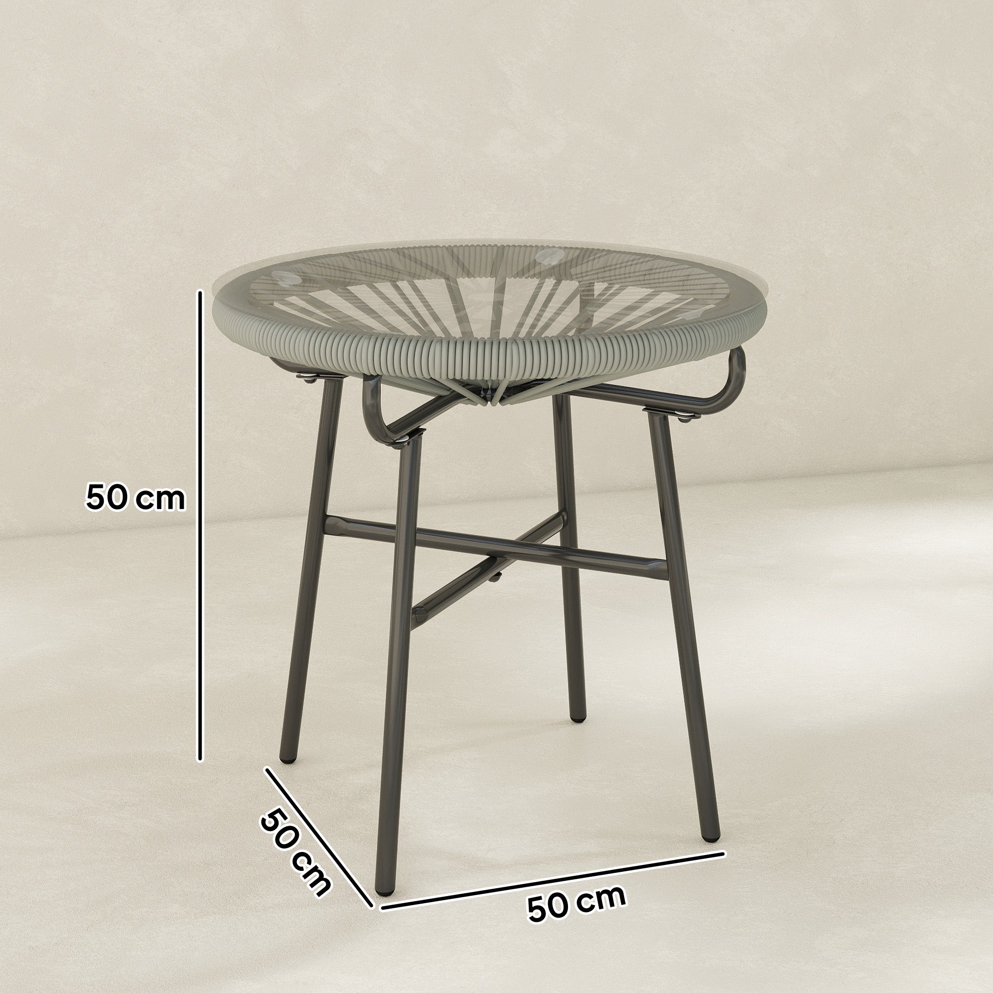 Rattan Side Table, Round Outdoor Coffee Table, with Round PE Rattan and Tempered Glass Tabletop, Light Grey