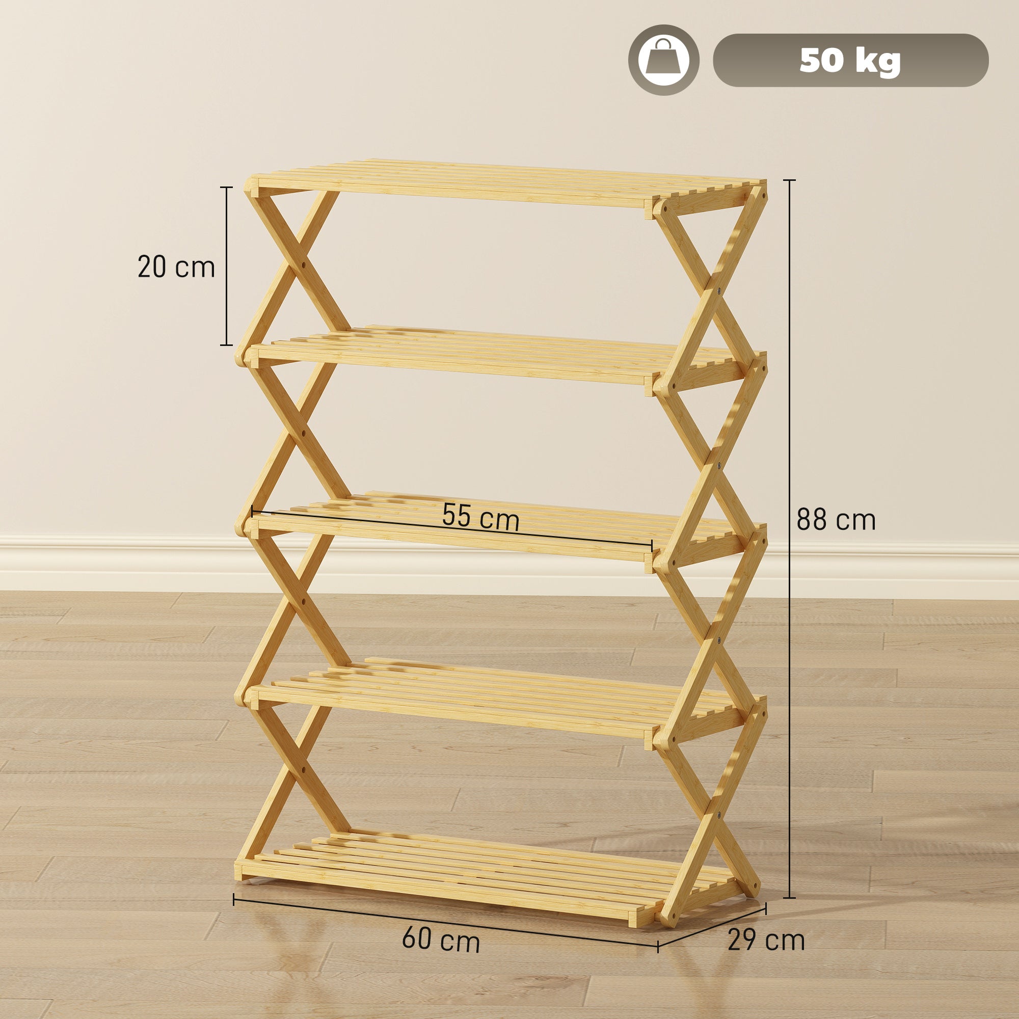 Five-Tier Folding Bamboo Shoe Rack - Natural Finish