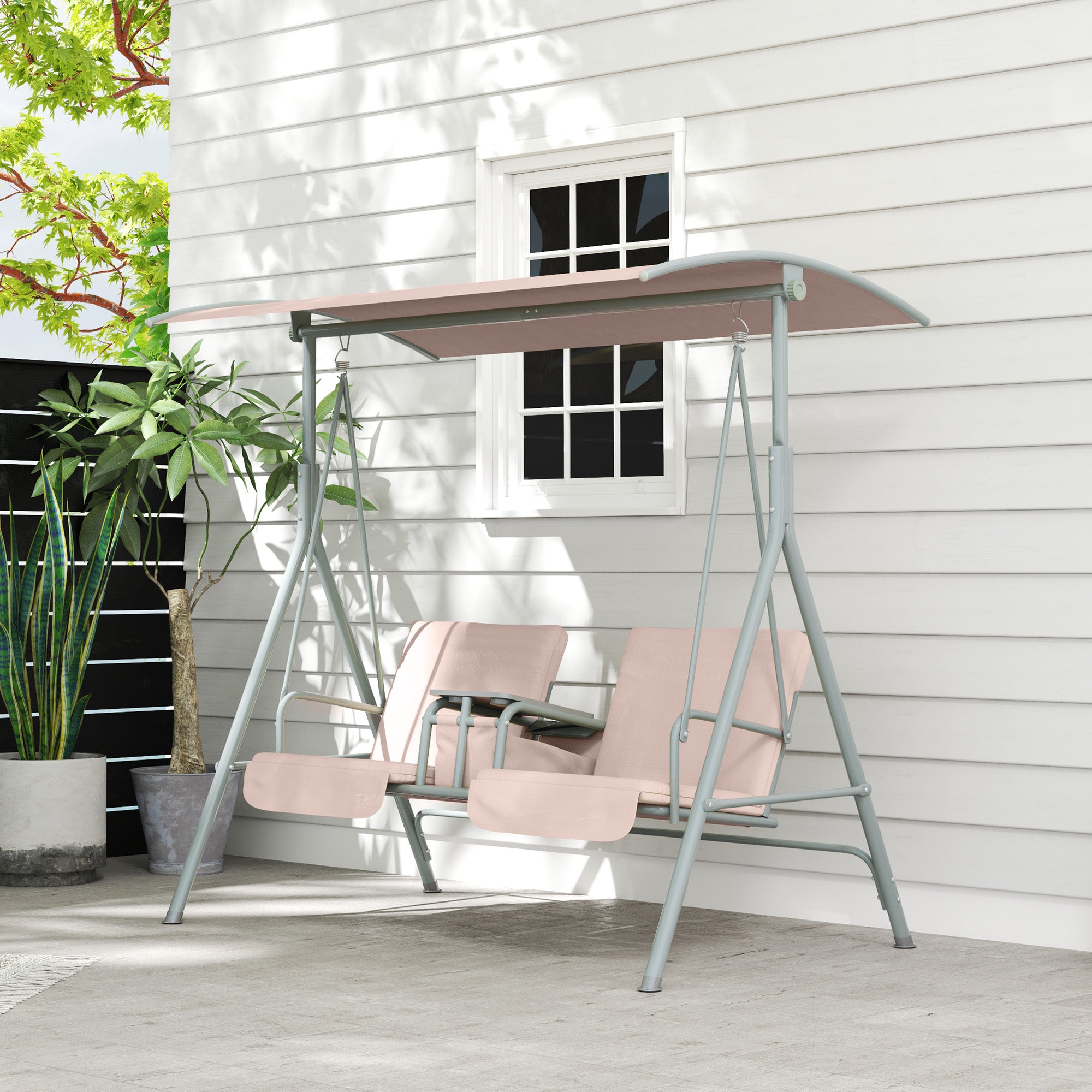2 Seater Garden Swing Chair with Tilting Canopy and Storage Bag - Beige