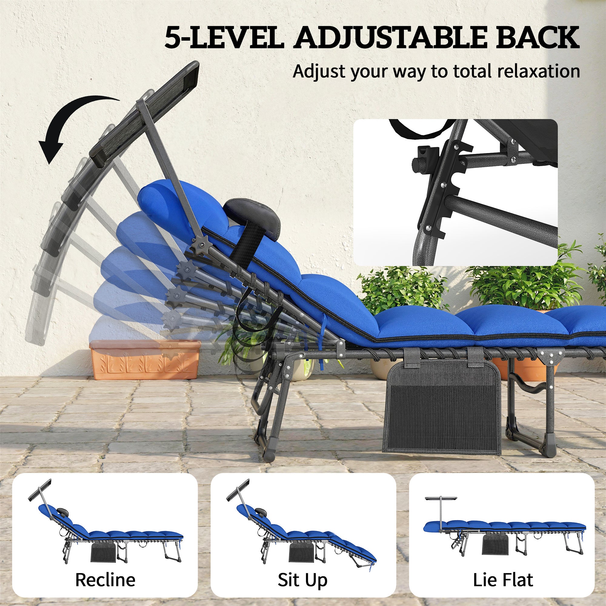 Folding Sun Loungers Set of 2 with Canopy, Reclining Sunbed with Cushion, Side Pocket, Carrying Handle, Dark Blue