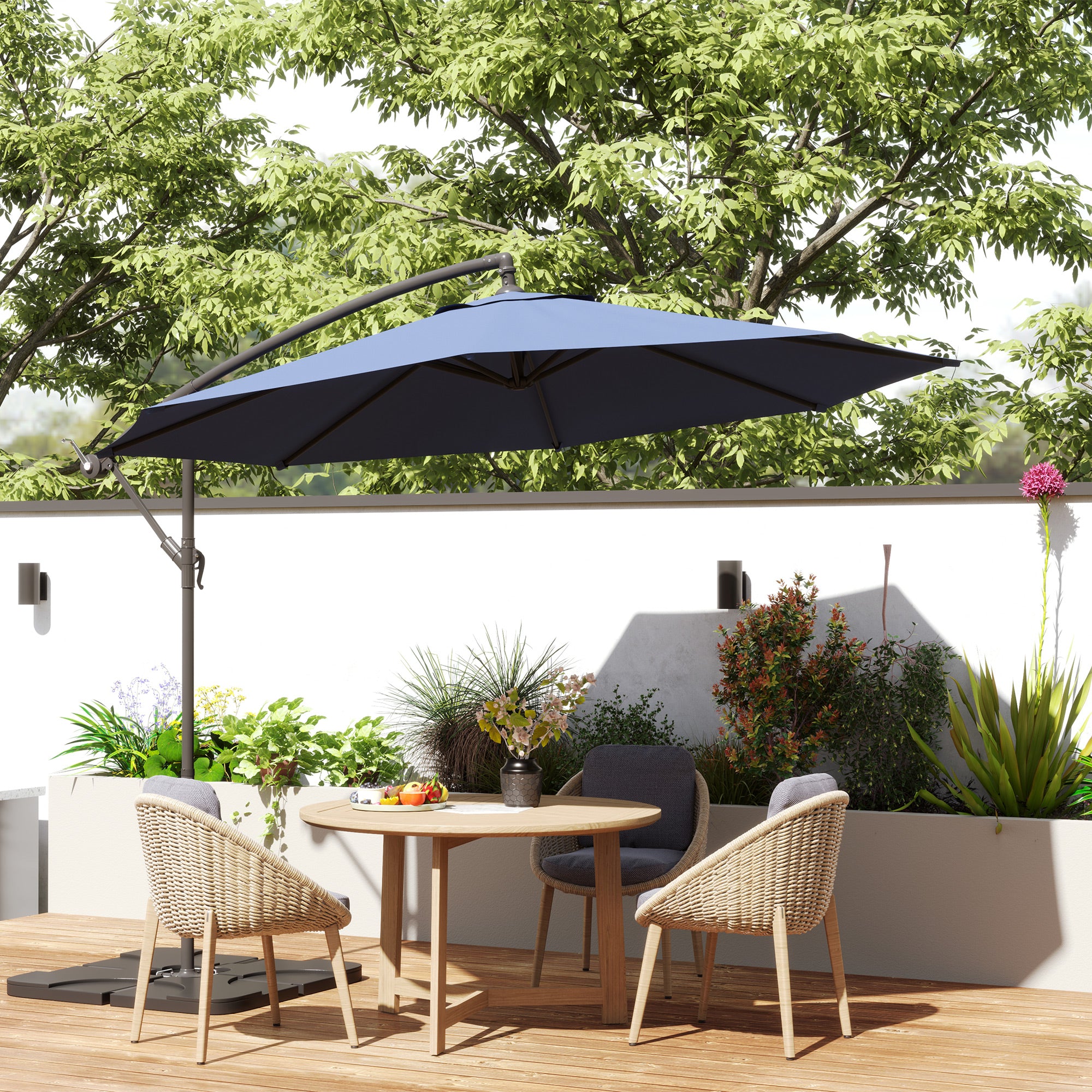 3m Overhanging Parasol, with Base, Weights and Cover - Blue