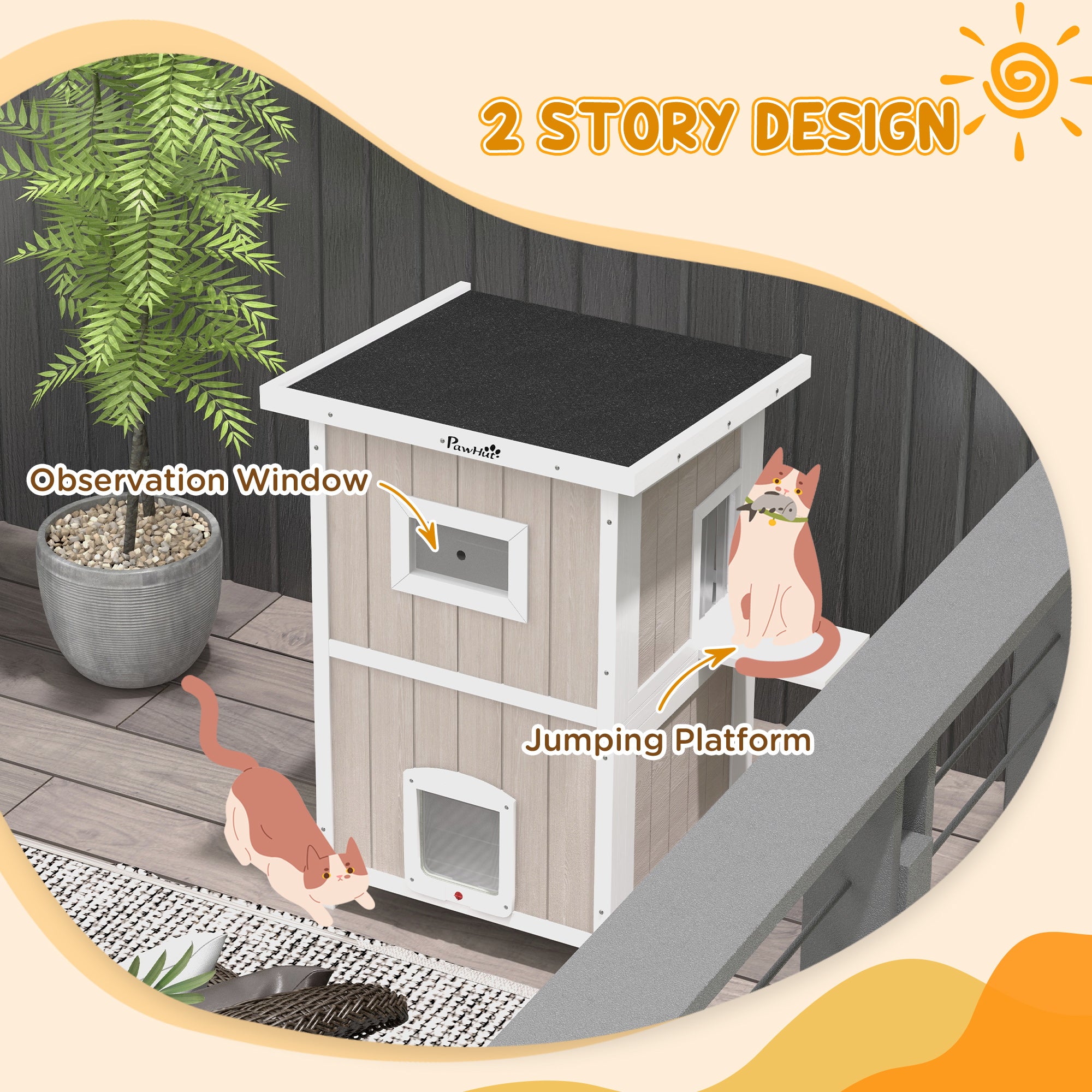 Outdoor 2 Tiers Wooden Cat Shelter w/ Removable Bottom, Escape Doors, Asphalt Roof, for 1-2 Cats - Light Grey