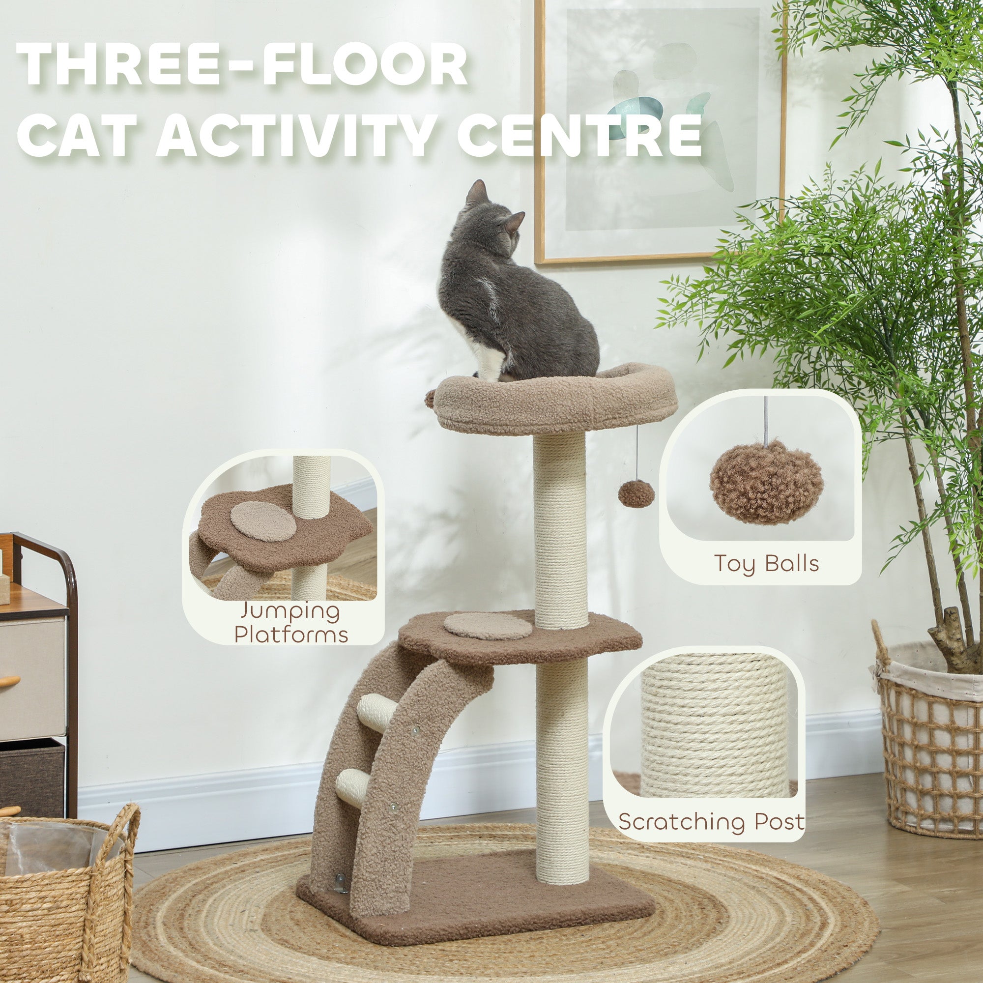 Cat Tee for Indoor Cats, 88cm Cat Tower with Sisal Scratching Post, Hanging Ball, Large Cat Perch, Stairs, Brown