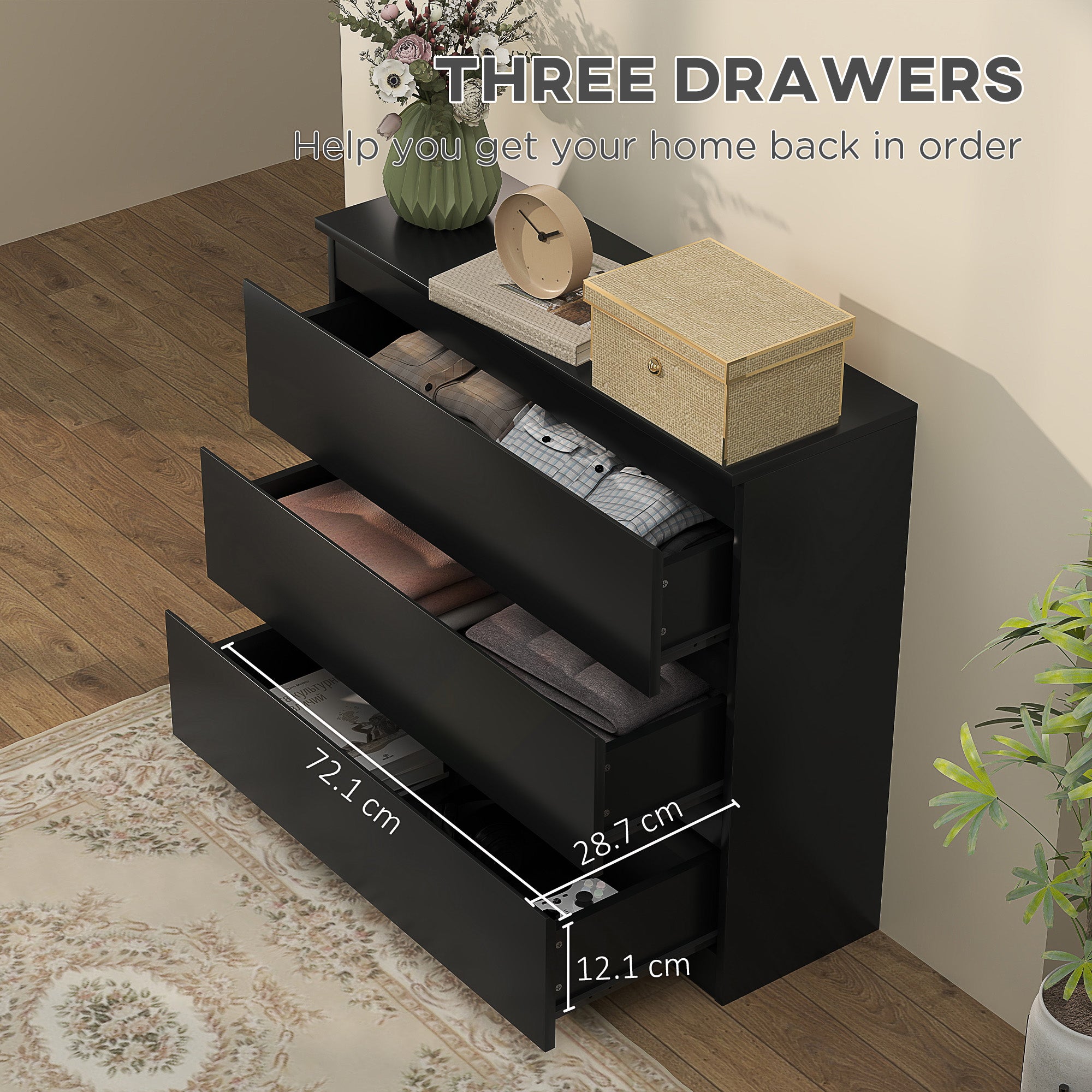Chest of Drawers, 3-Drawer Storage Organiser Unit for Bedroom, Living Room, Black
